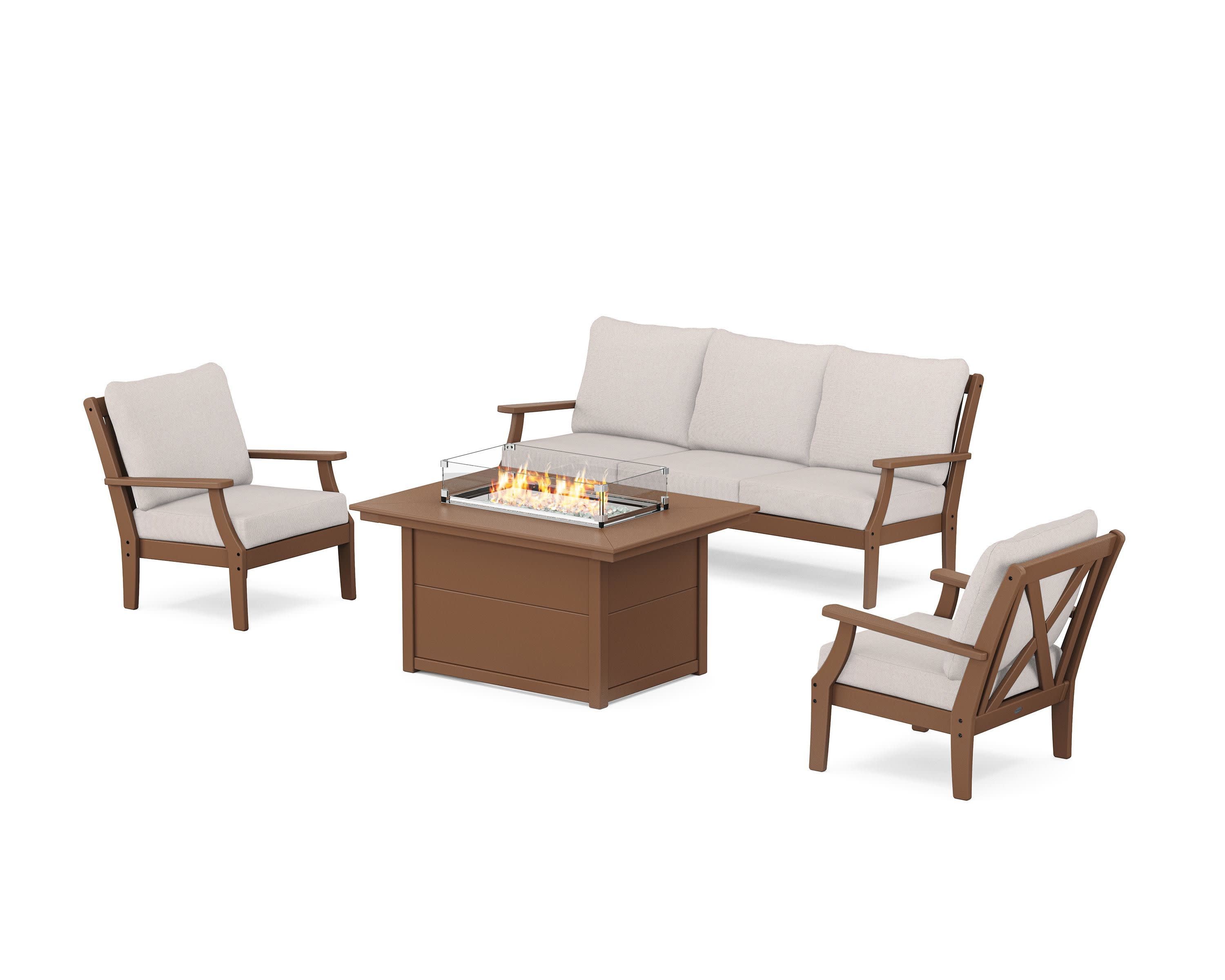 Braxton Deep Seating Fire Pit Table Set in Teak / Dune Burlap