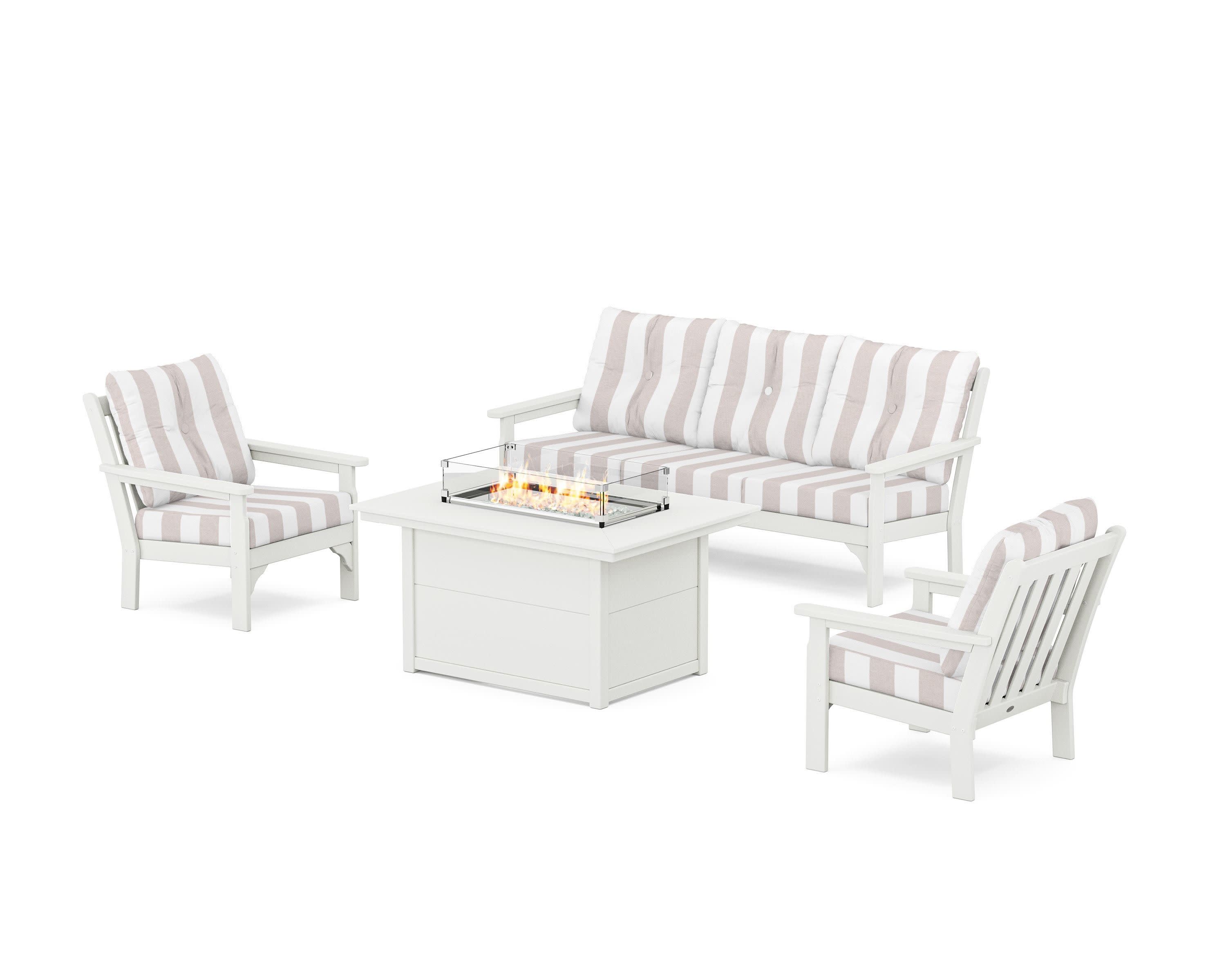Vineyard Deep Seating Fire Pit Table Set in Vintage White / Cabana Stripe Dune Burlap