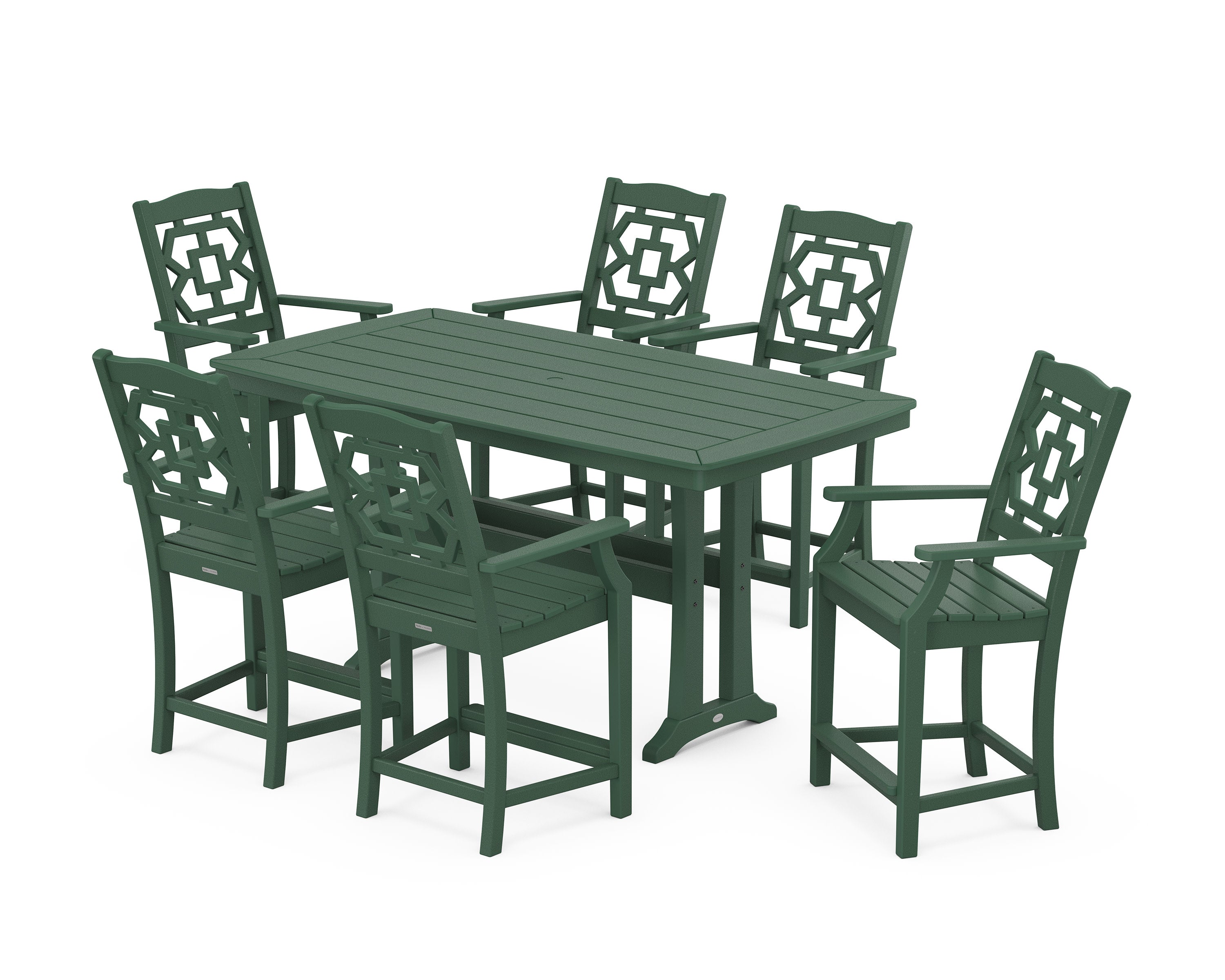 Chinoiserie Arm Chair 7-Piece Counter Set with Trestle Legs in Green