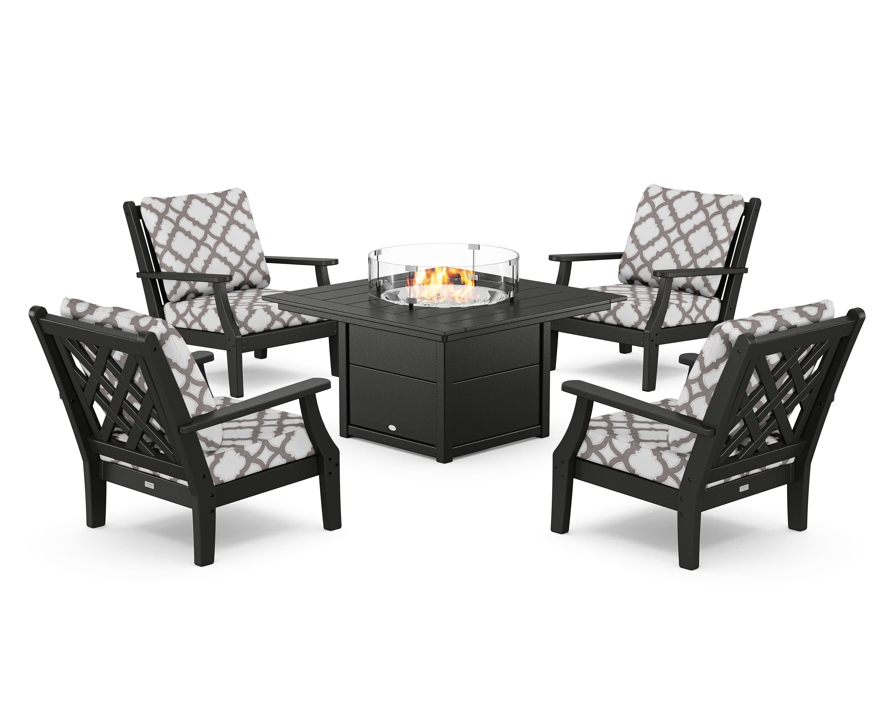 Wovendale 5-Piece Deep Seating Set with Fire Pit Table in Black / Trellis Grey Mist