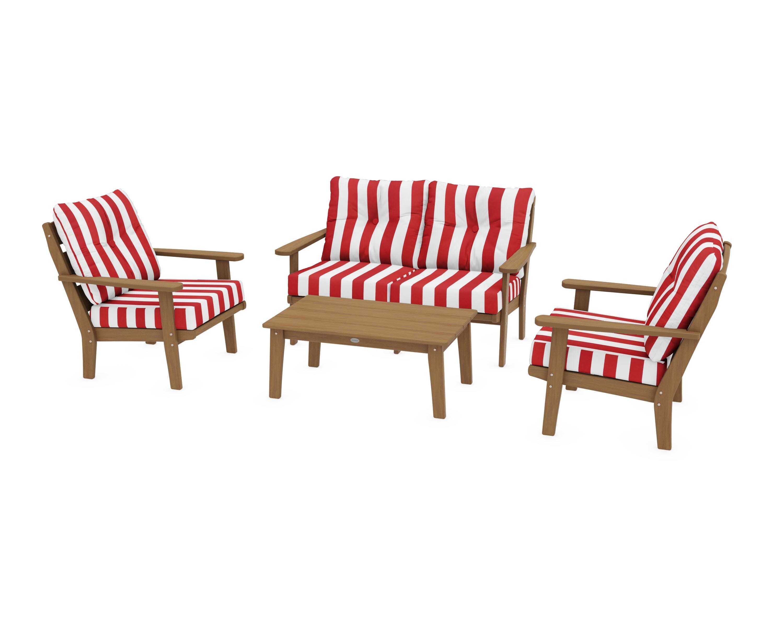 Lakeside 4-Piece Deep Seating Set in Natural / Cabana Stripe Crimson