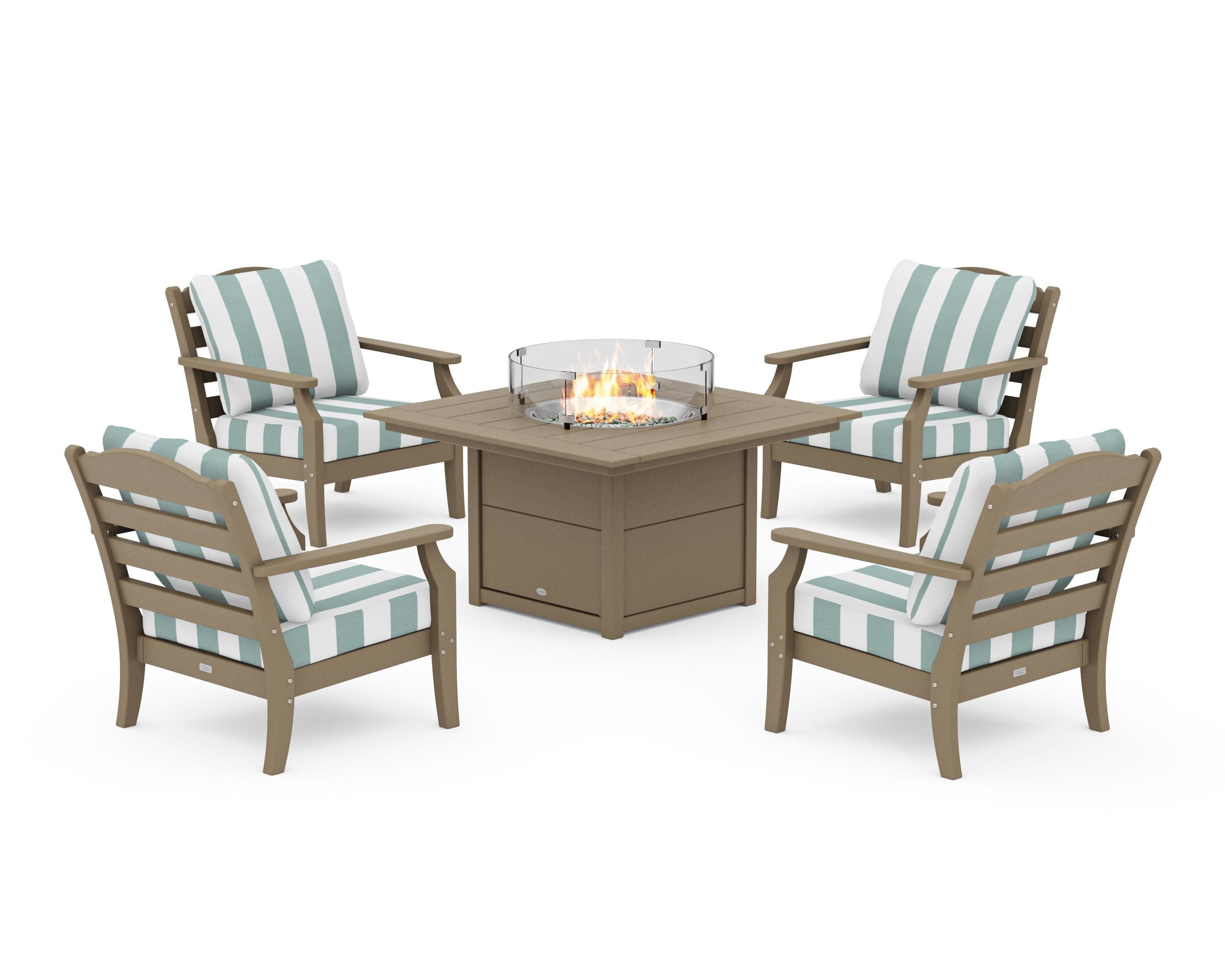 Savannah 5-Piece Deep Seating Set with Fire Pit Table in Vintage Sahara / Cabana Stripe Glacier Spa