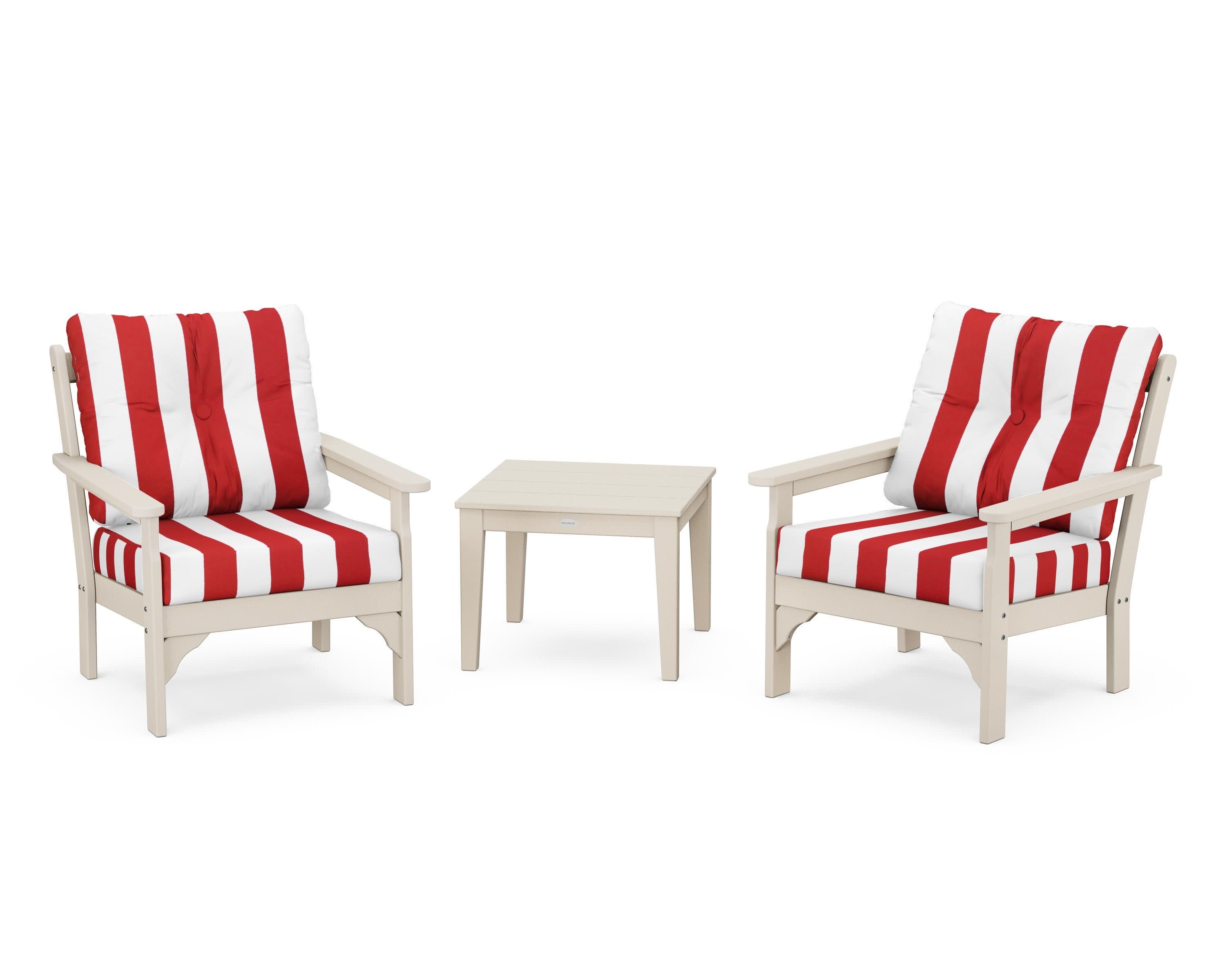 Vineyard 3-Piece Deep Seating Set in Sand / Cabana Stripe Crimson
