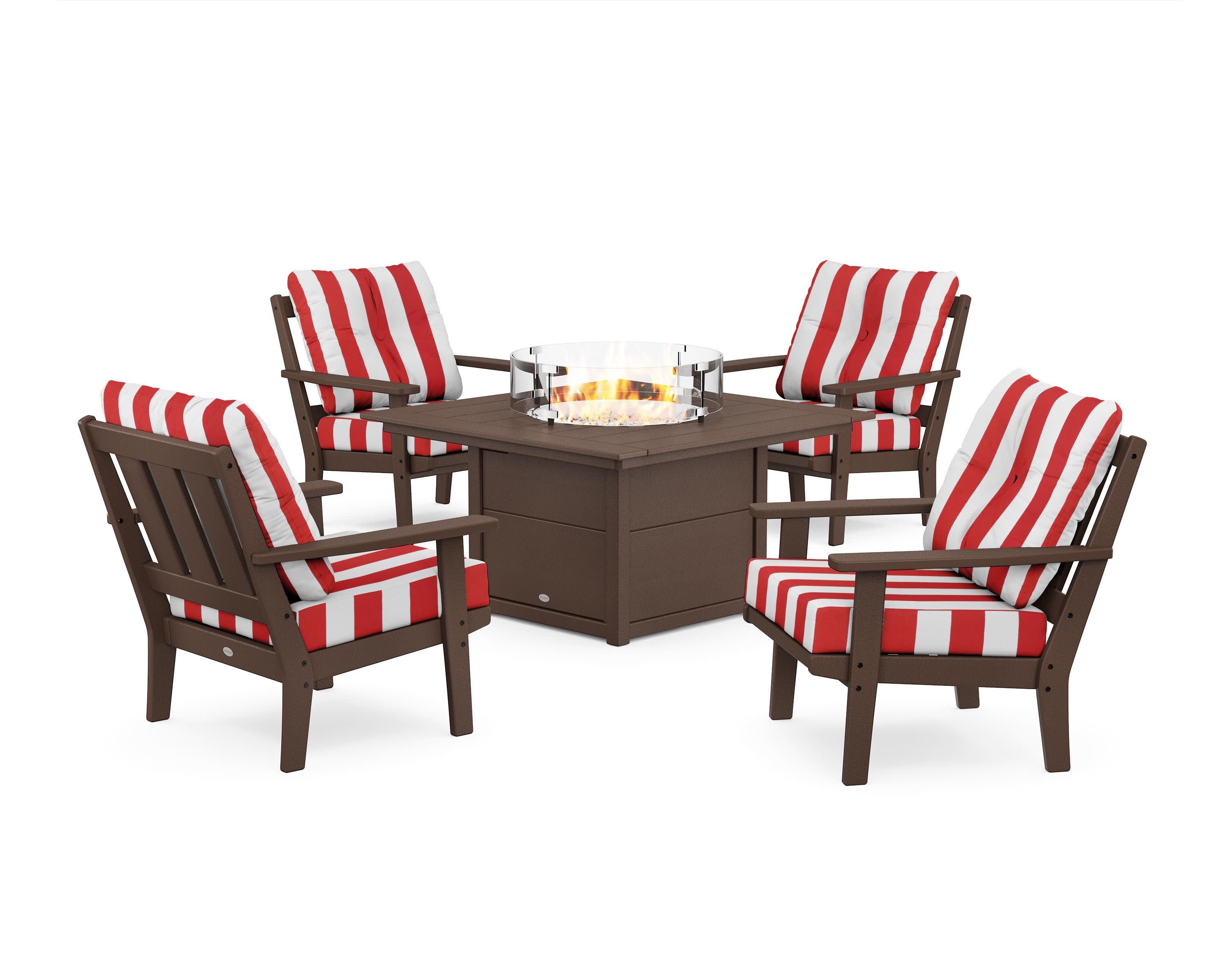 Oxford 5-Piece Deep Seating Set with Fire Pit Table in Mahogany / Cabana Stripe Crimson