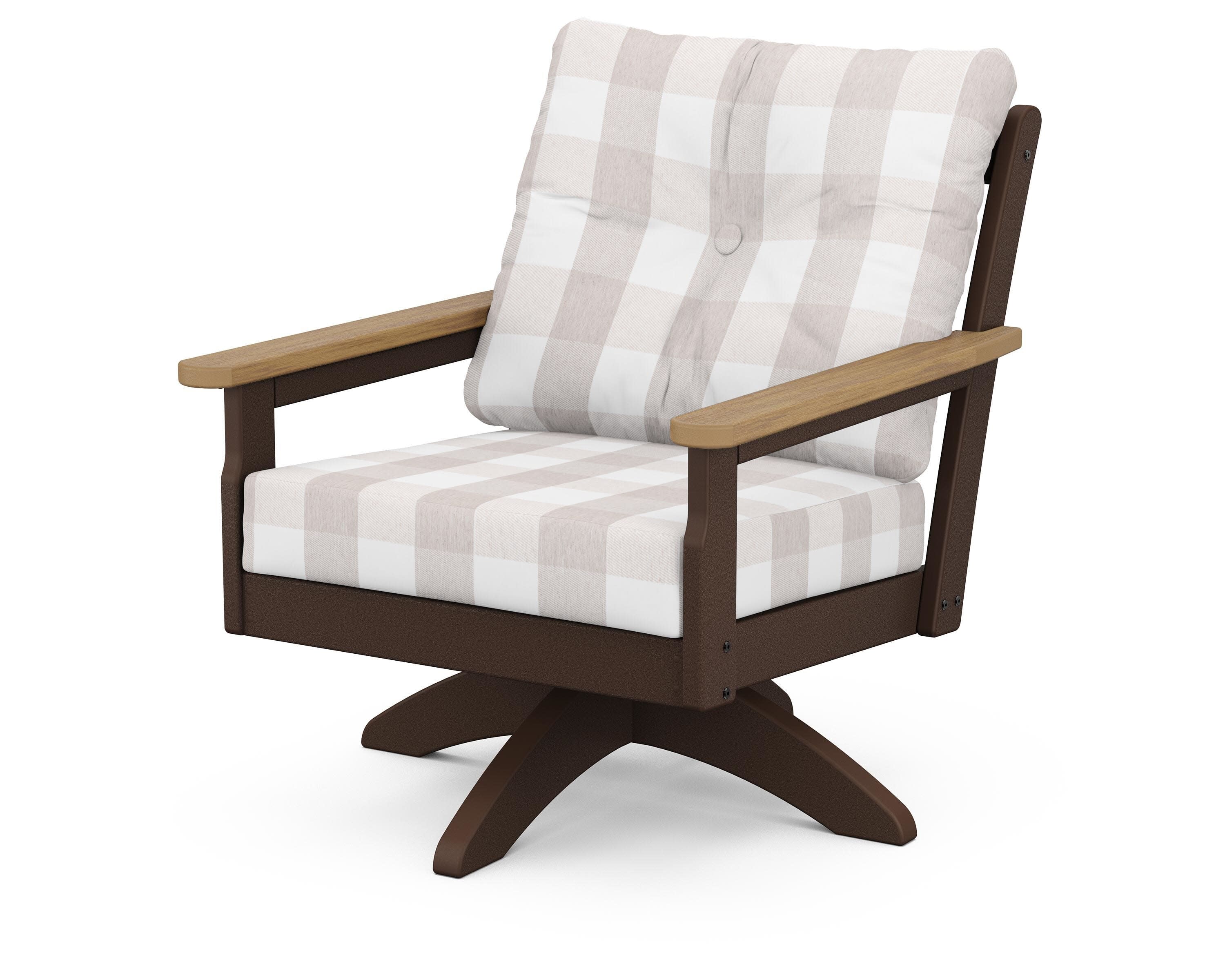 Vineyard Deep Seating Swivel Chair in Mahogany / Natural / Buffalo Plaid Dune Burlap