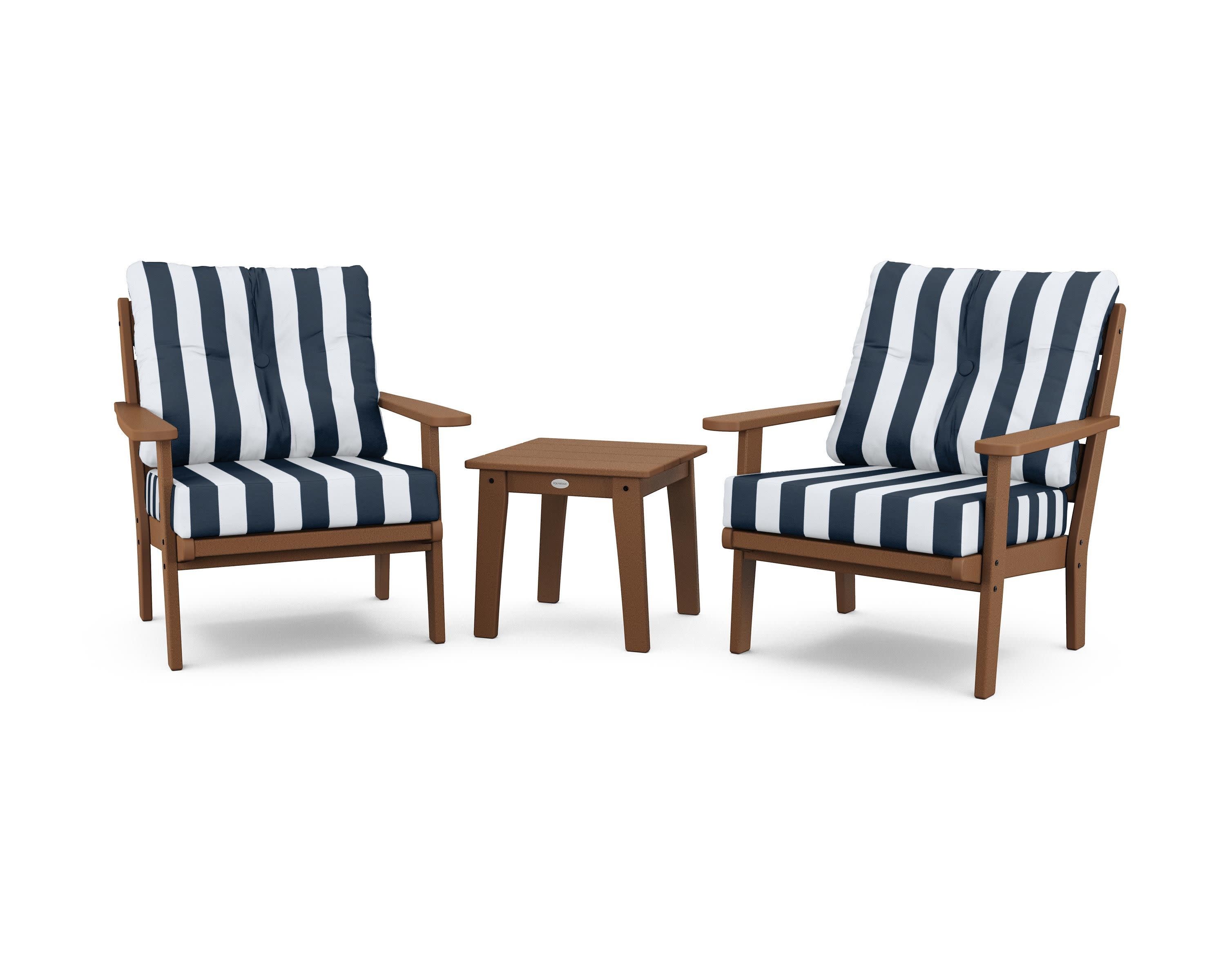 Lakeside 3-Piece Deep Seating Chair Set in Teak / Cabana Stripe Marine Indigo