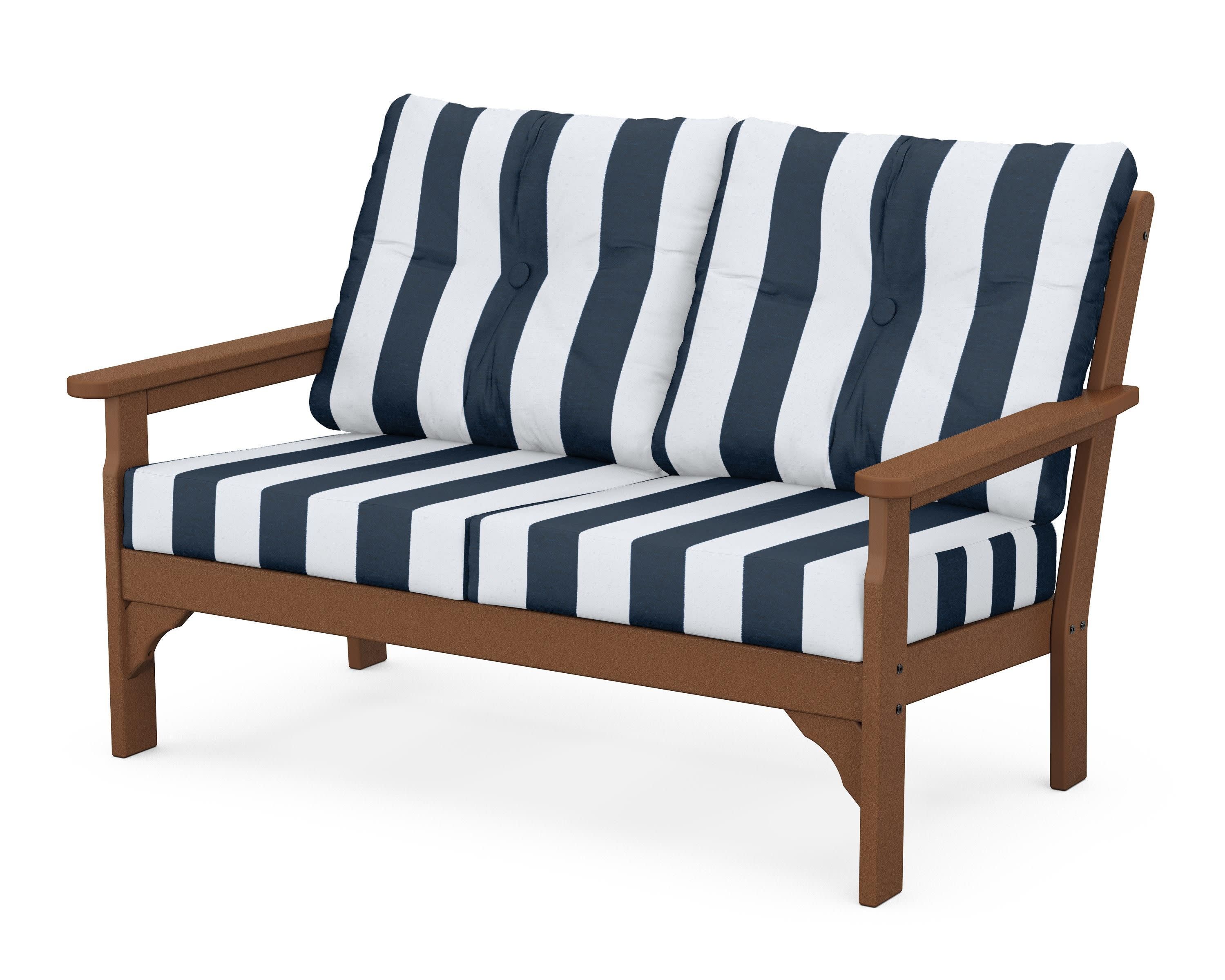 Vineyard Deep Seating Loveseat in Teak / Cabana Stripe Marine Indigo