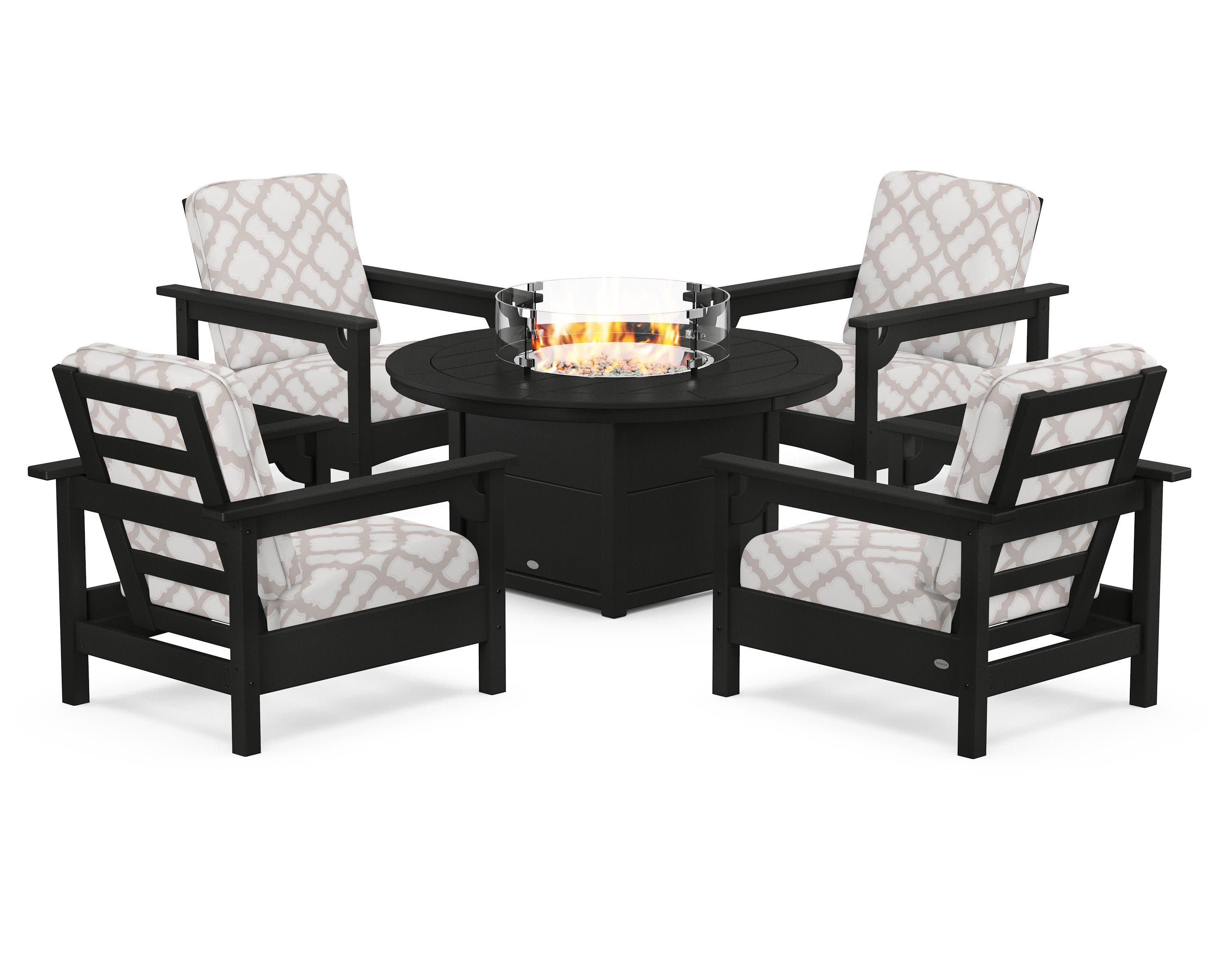 Club 5-Piece Conversation Set with Fire Pit Table in Black / Trellis Dune Burlap