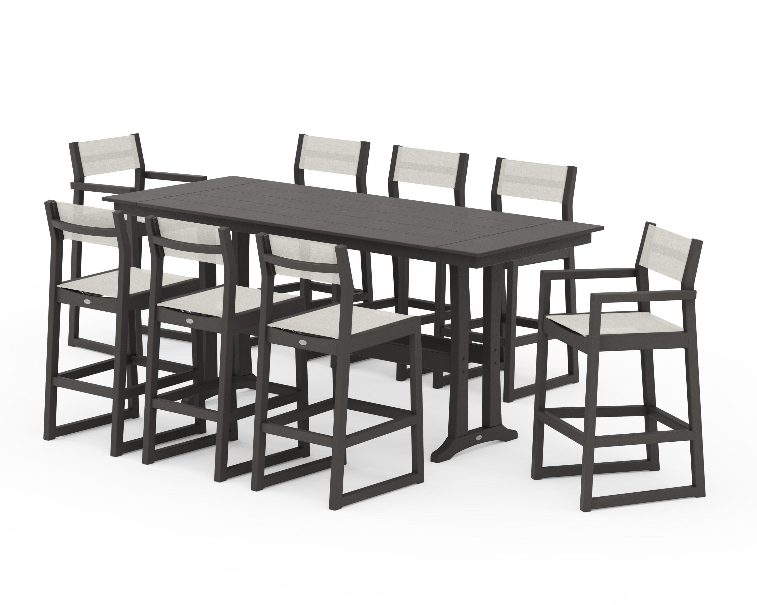 EDGE Sling 9-Piece Farmhouse Bar Set with Trestle Legs in Vintage Coffee / Parchment Sling