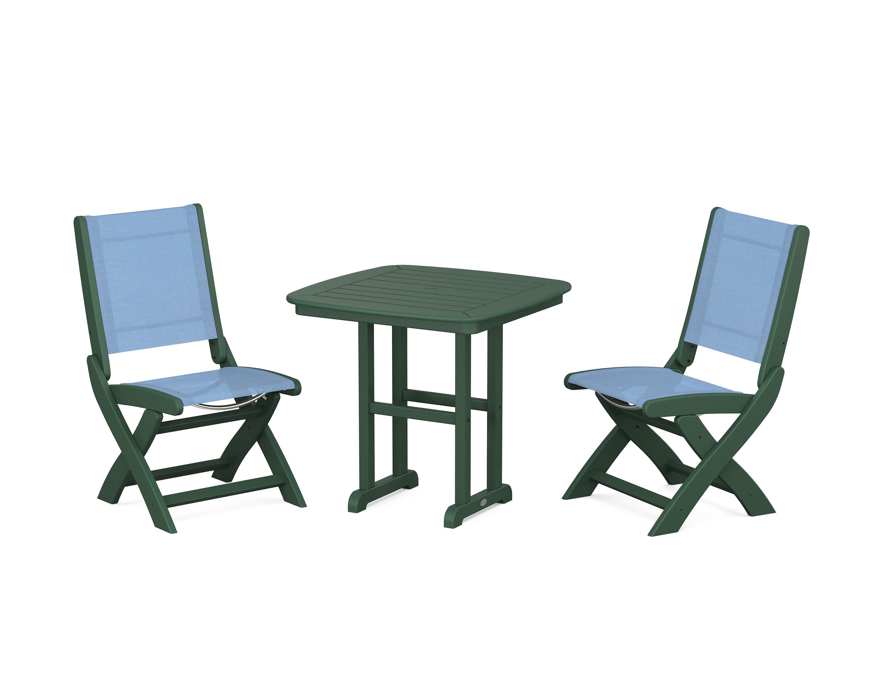 Coastal Folding Side Chair 3-Piece Dining Set in Green / Poolside Sling