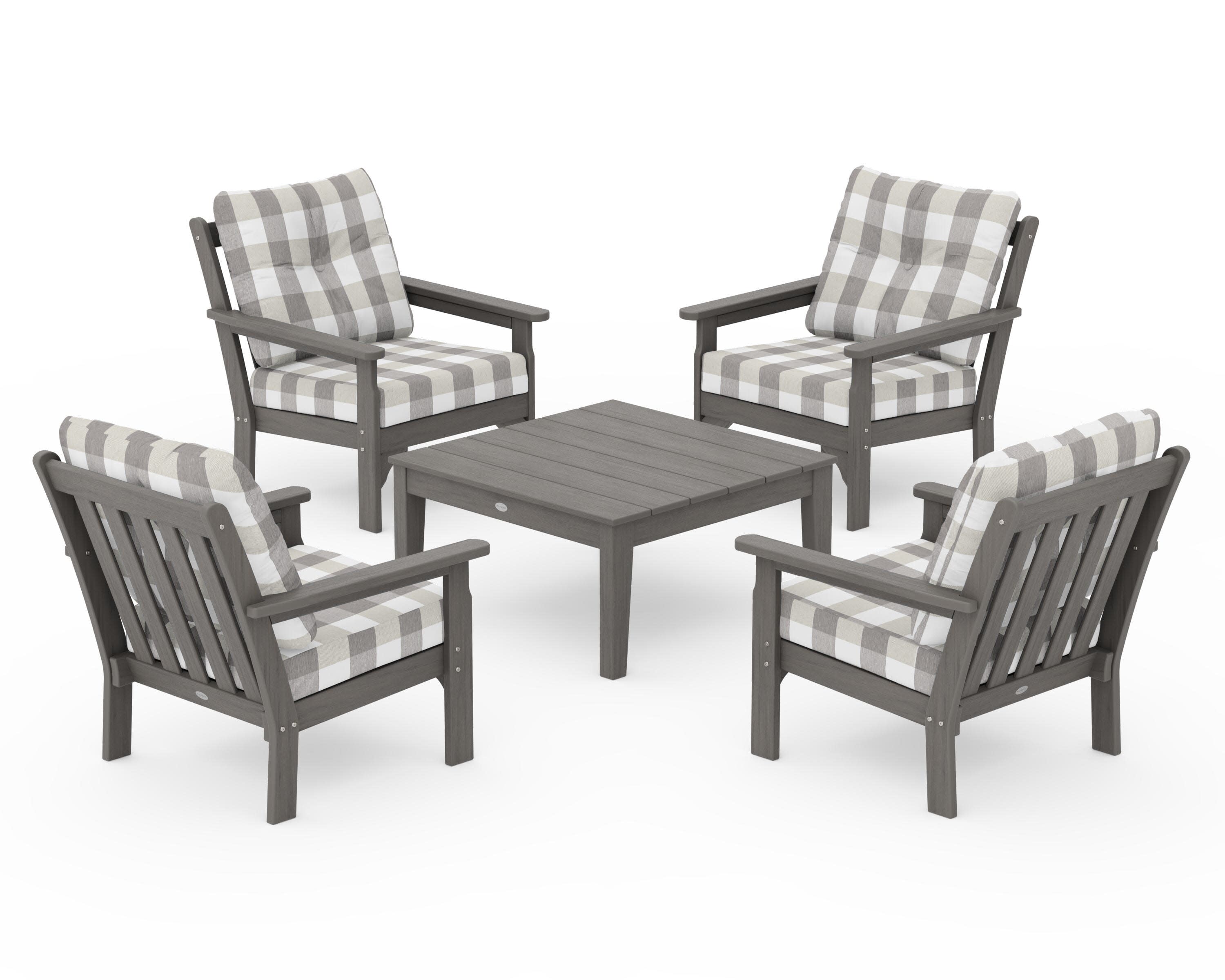 Vineyard 5-Piece Deep Seating Conversation Set in Driftwood / Buffalo Plaid Grey Mist