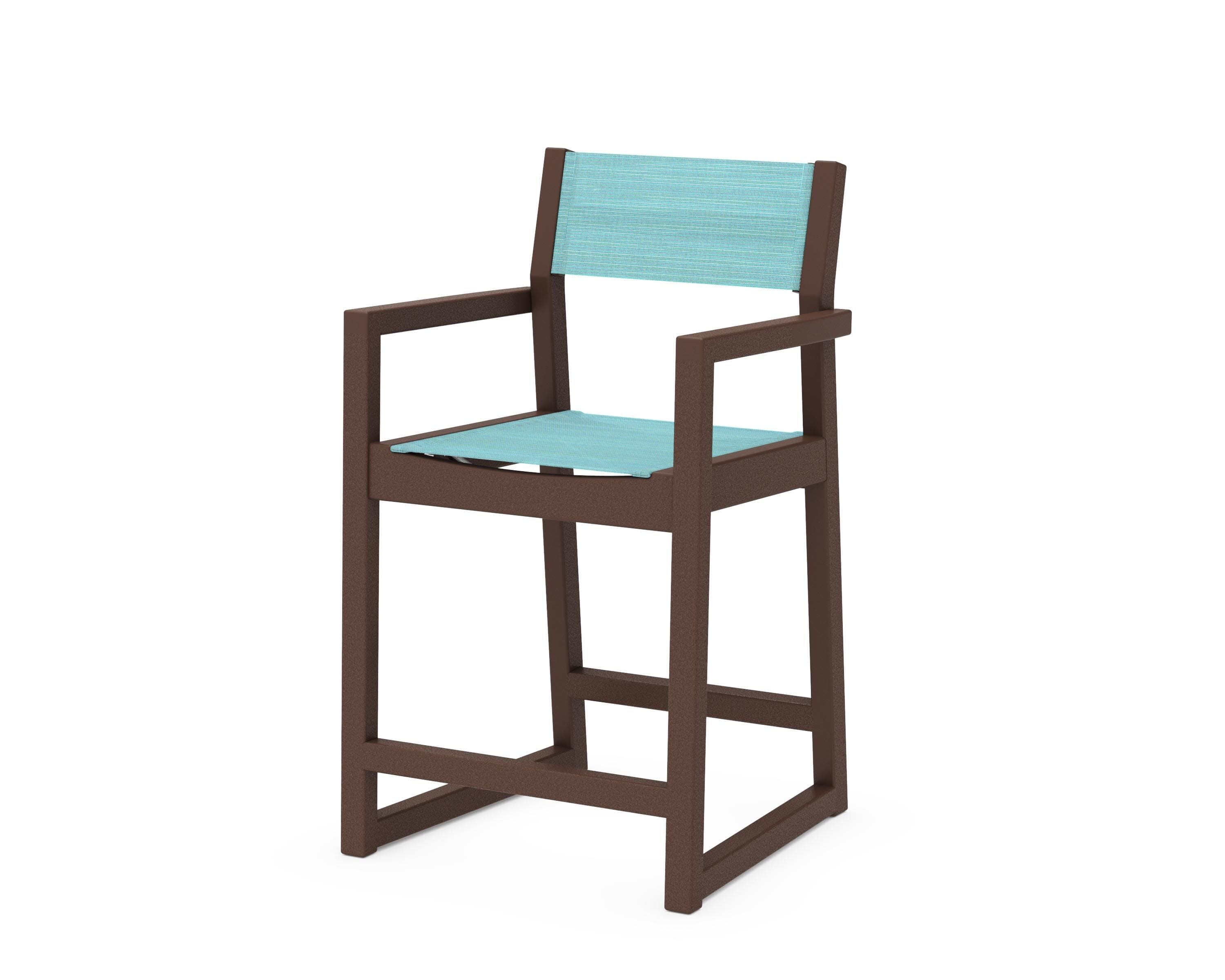 EDGE Sling Counter Arm Chair in Mahogany / Dupioni Aquamarine Sling