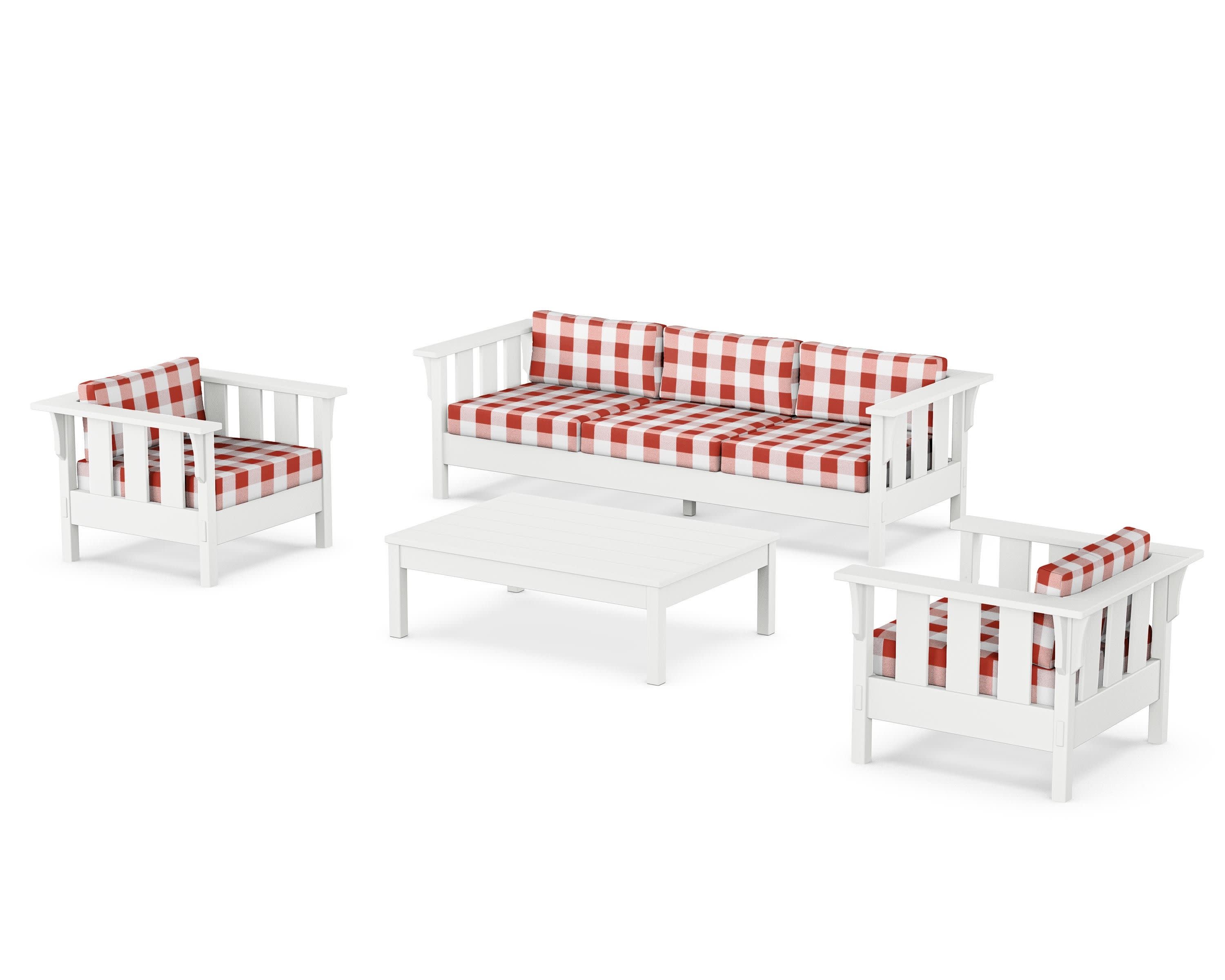 Acadia 4-Piece Deep Seating Set with Sofa in White / Buffalo Plaid Crimson