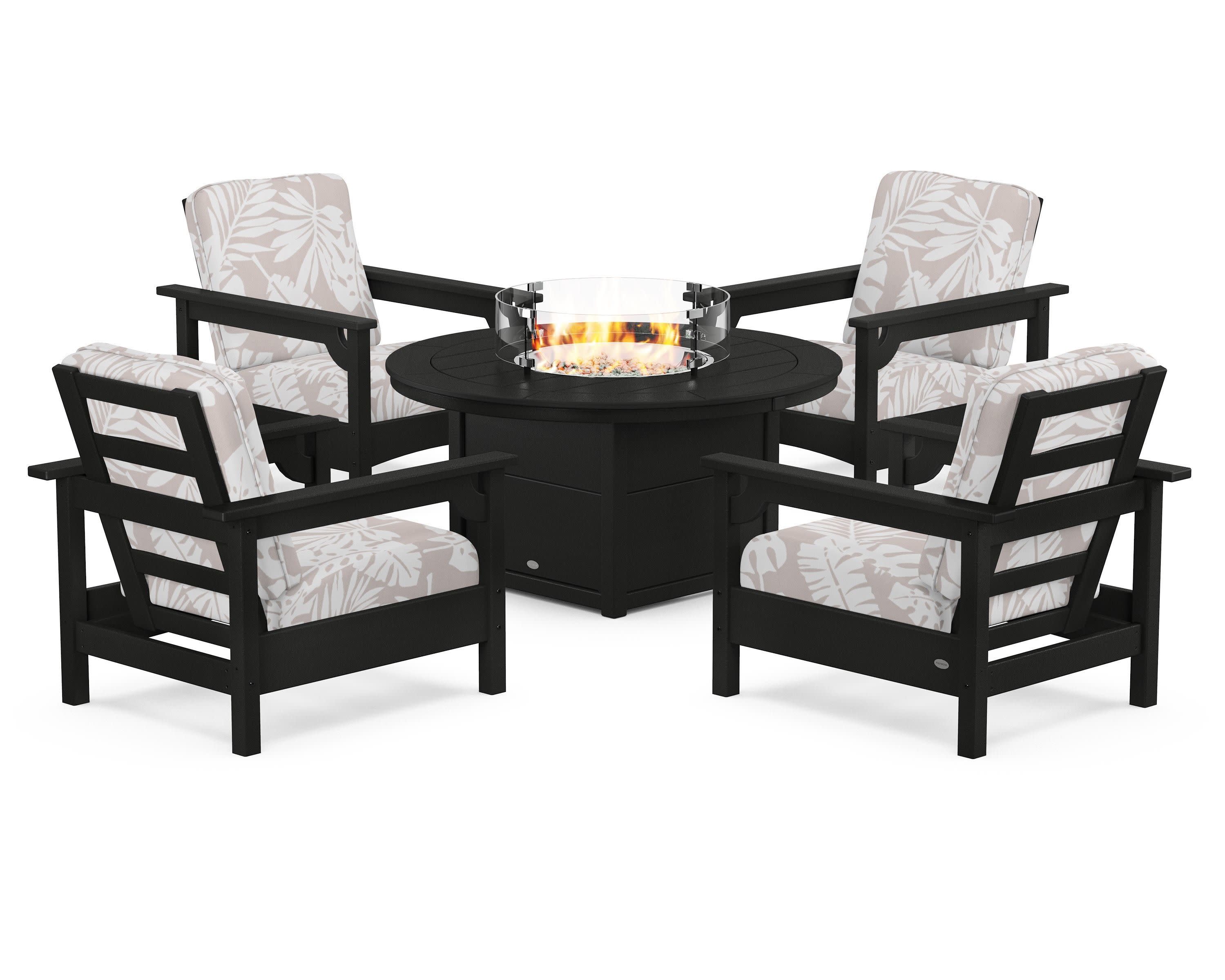 Club 5-Piece Conversation Set with Fire Pit Table in Black / Leaf Dune Burlap