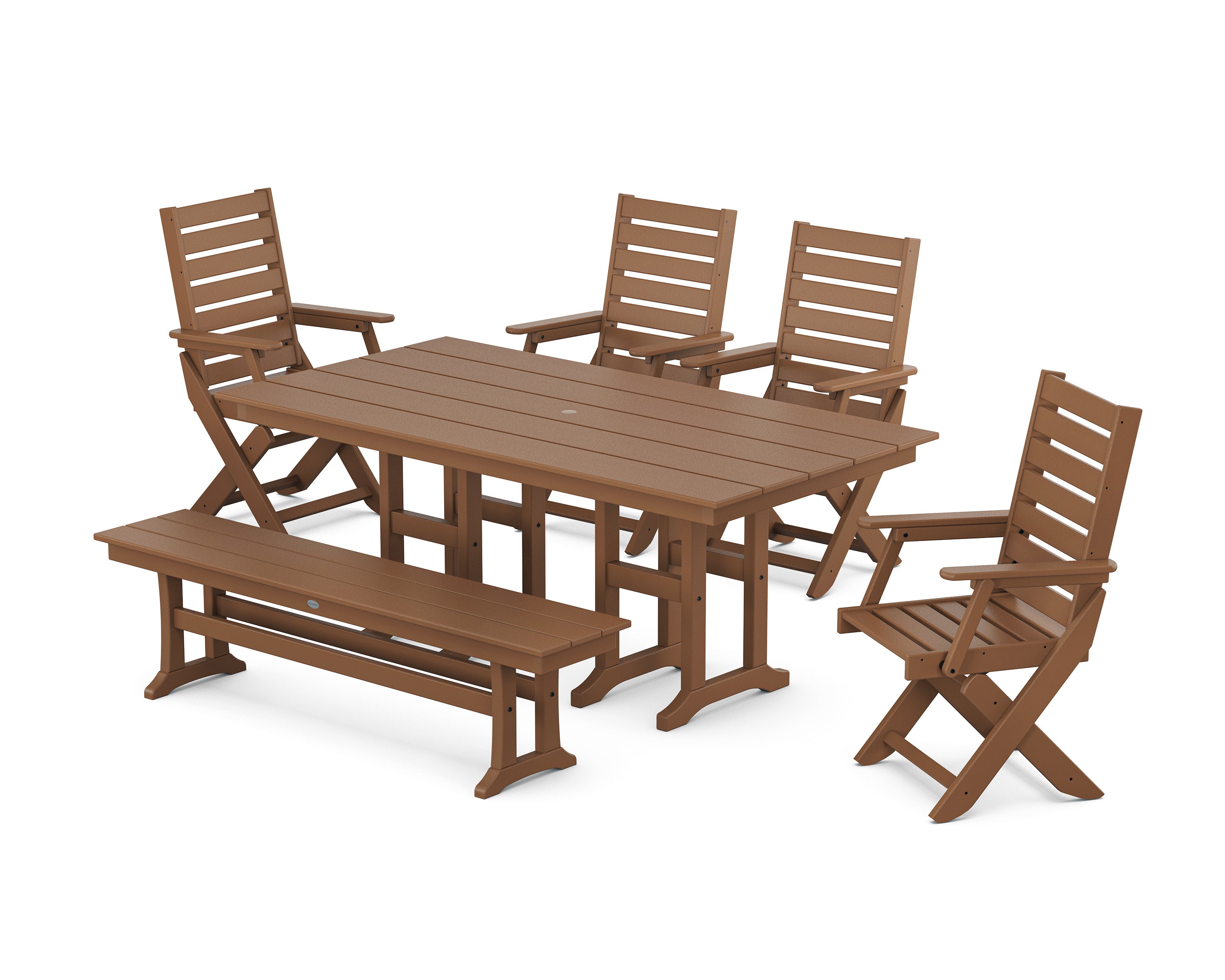 Captain Folding Chair 6-Piece Farmhouse Dining Set with Bench in Teak