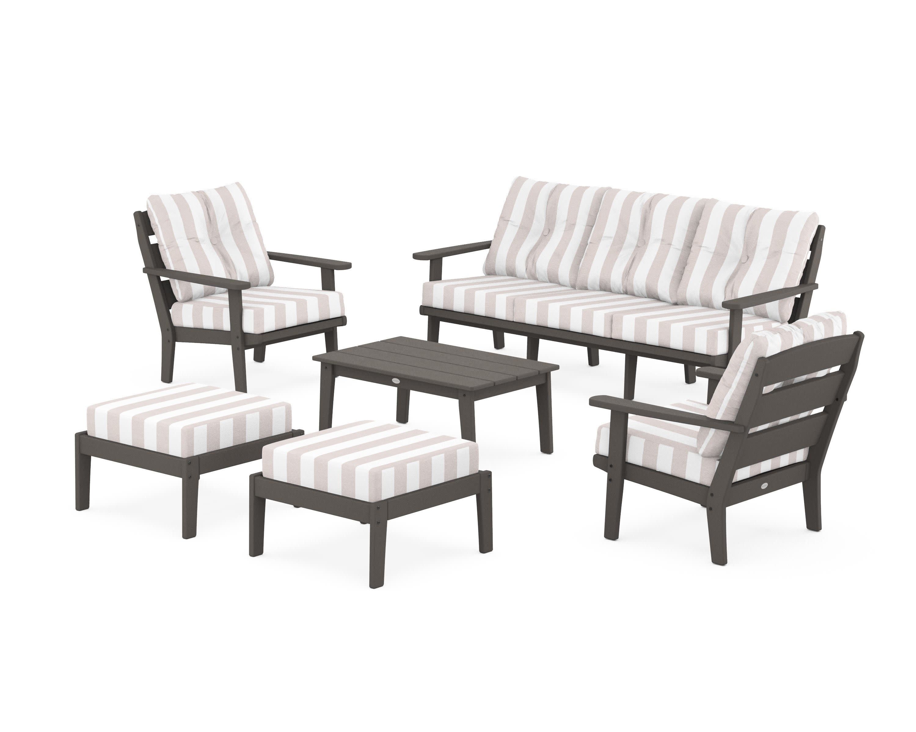 Lakeside 6-Piece Lounge Sofa Set in Vintage Coffee / Cabana Stripe Dune Burlap
