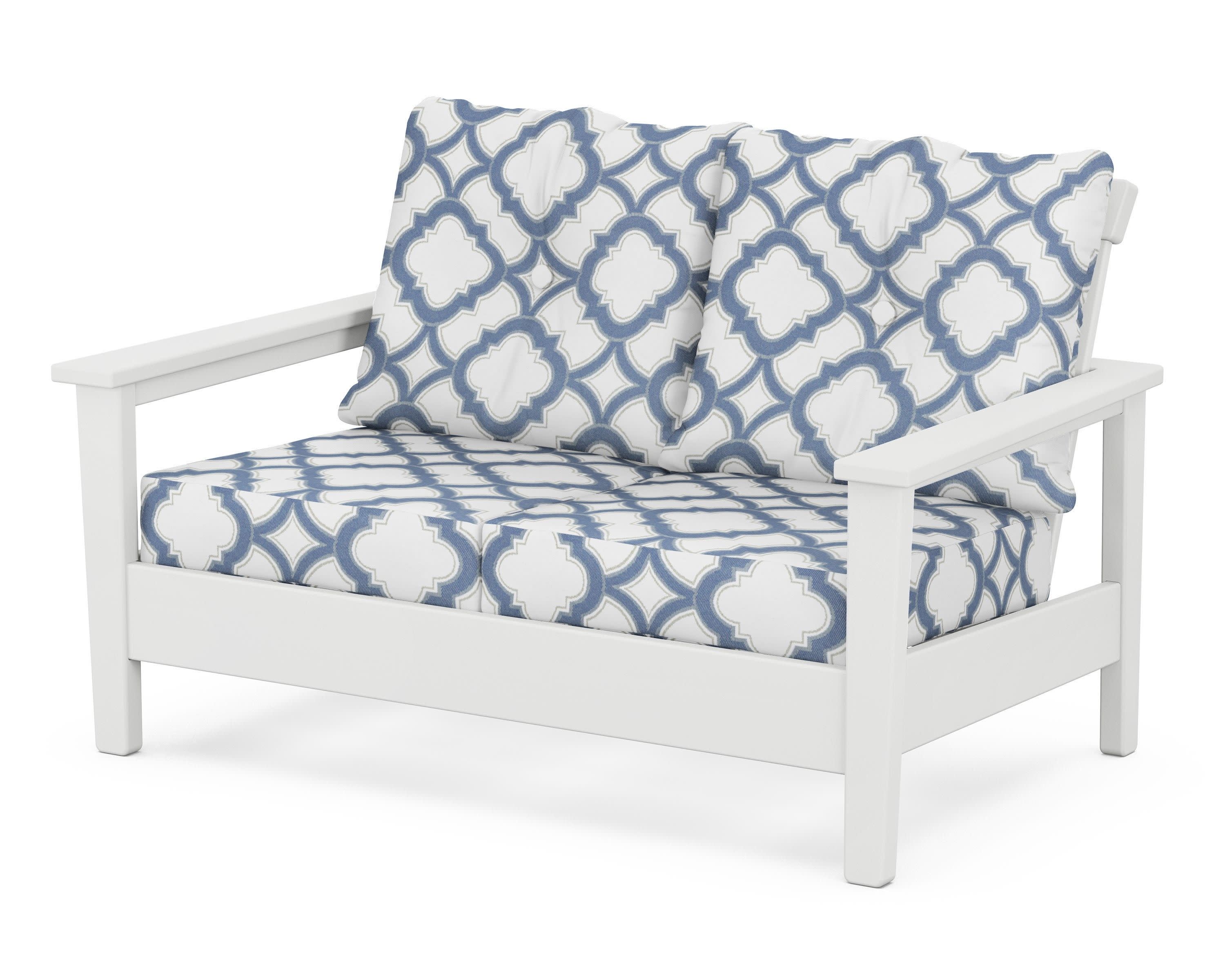 Prescott Deep Seating Loveseat in White / Trellis Sky Blue