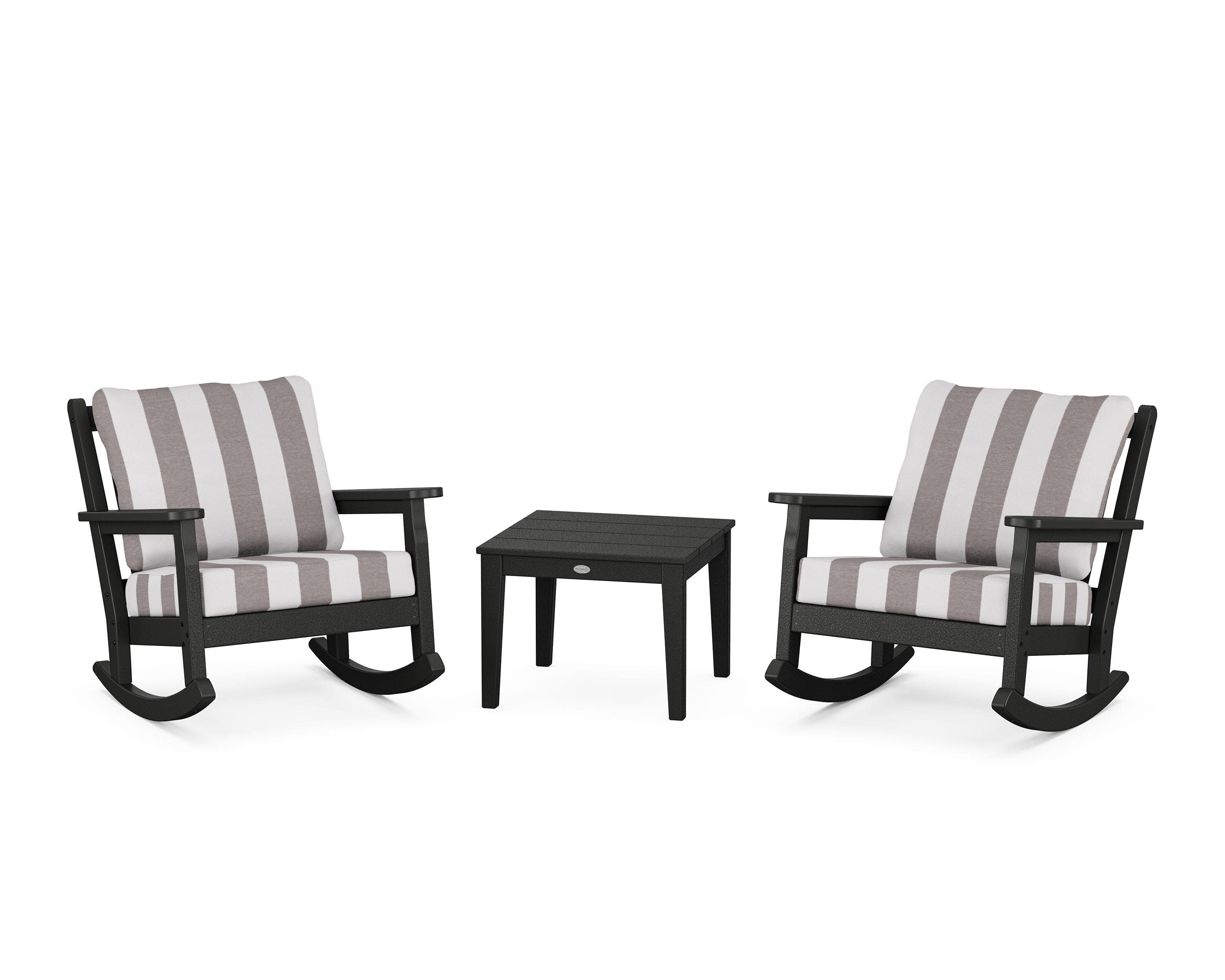 Chippendale 3-Piece Deep Seating Rocker Set in Black / Cabana Stripe Grey Mist