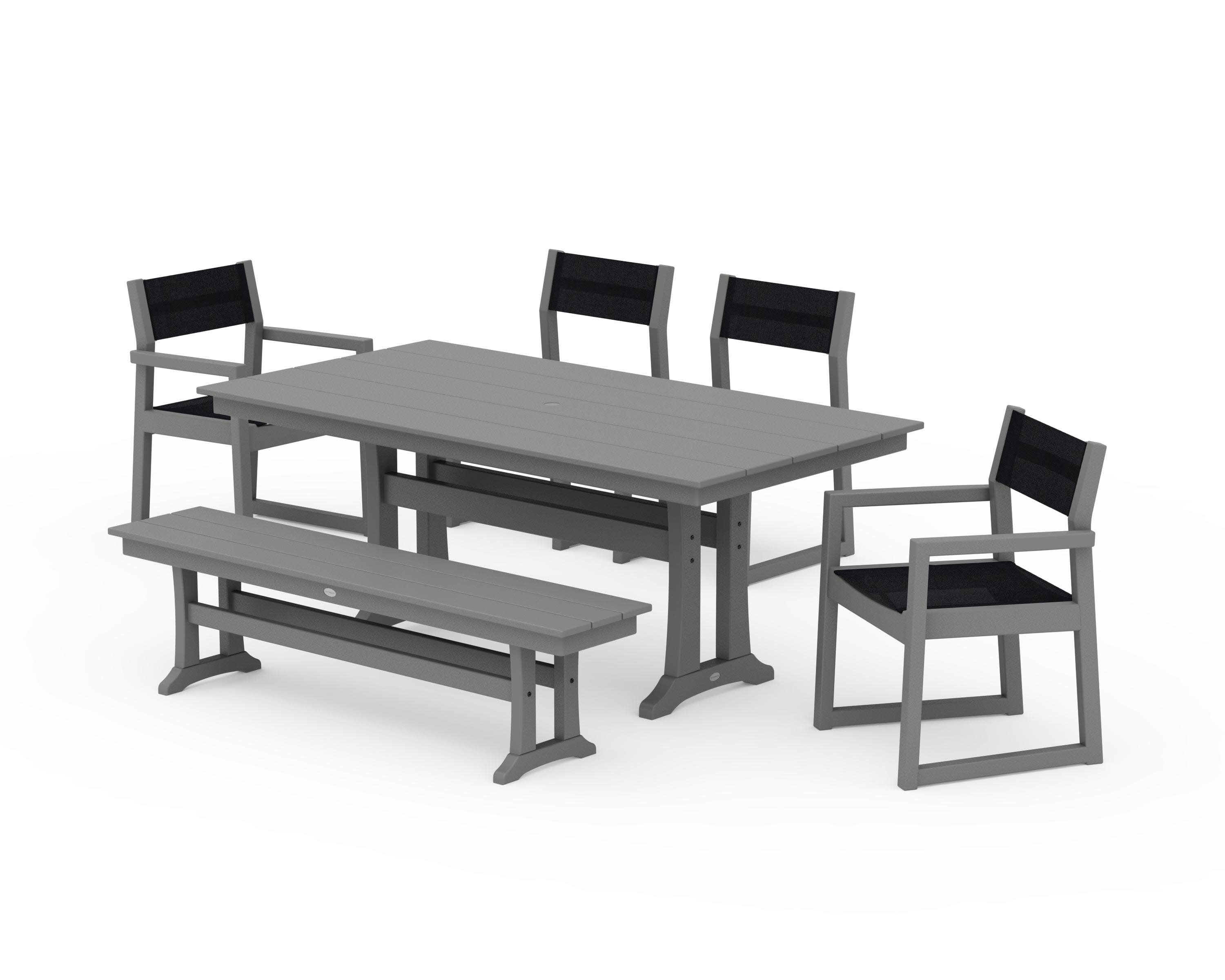 EDGE Sling 6-Piece Farmhouse Dining Set With Trestle Legs in Slate Grey / Black Sling