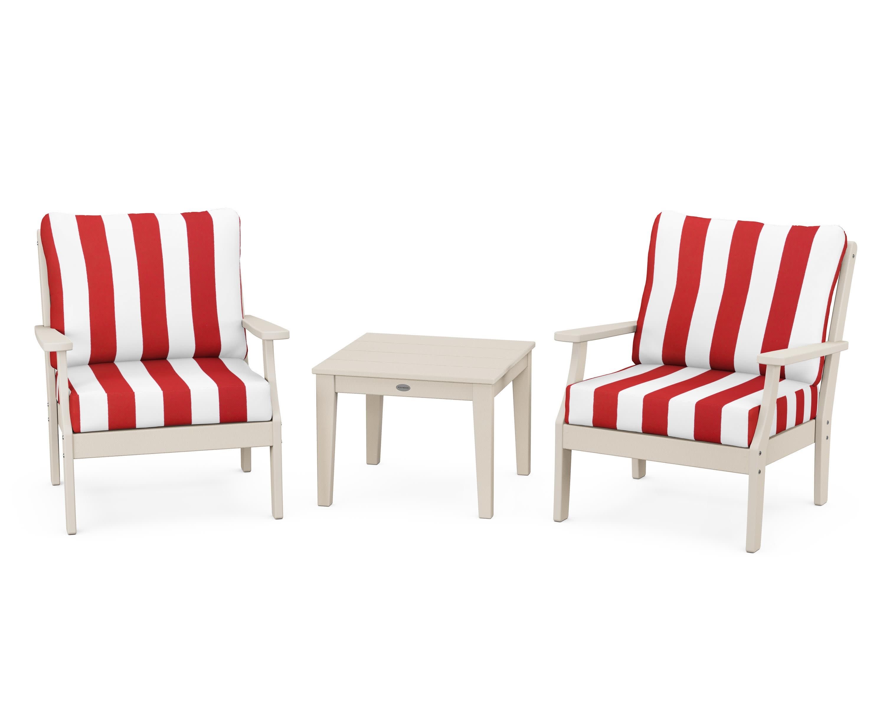 Braxton 3-Piece Deep Seating Set in Sand / Cabana Stripe Crimson