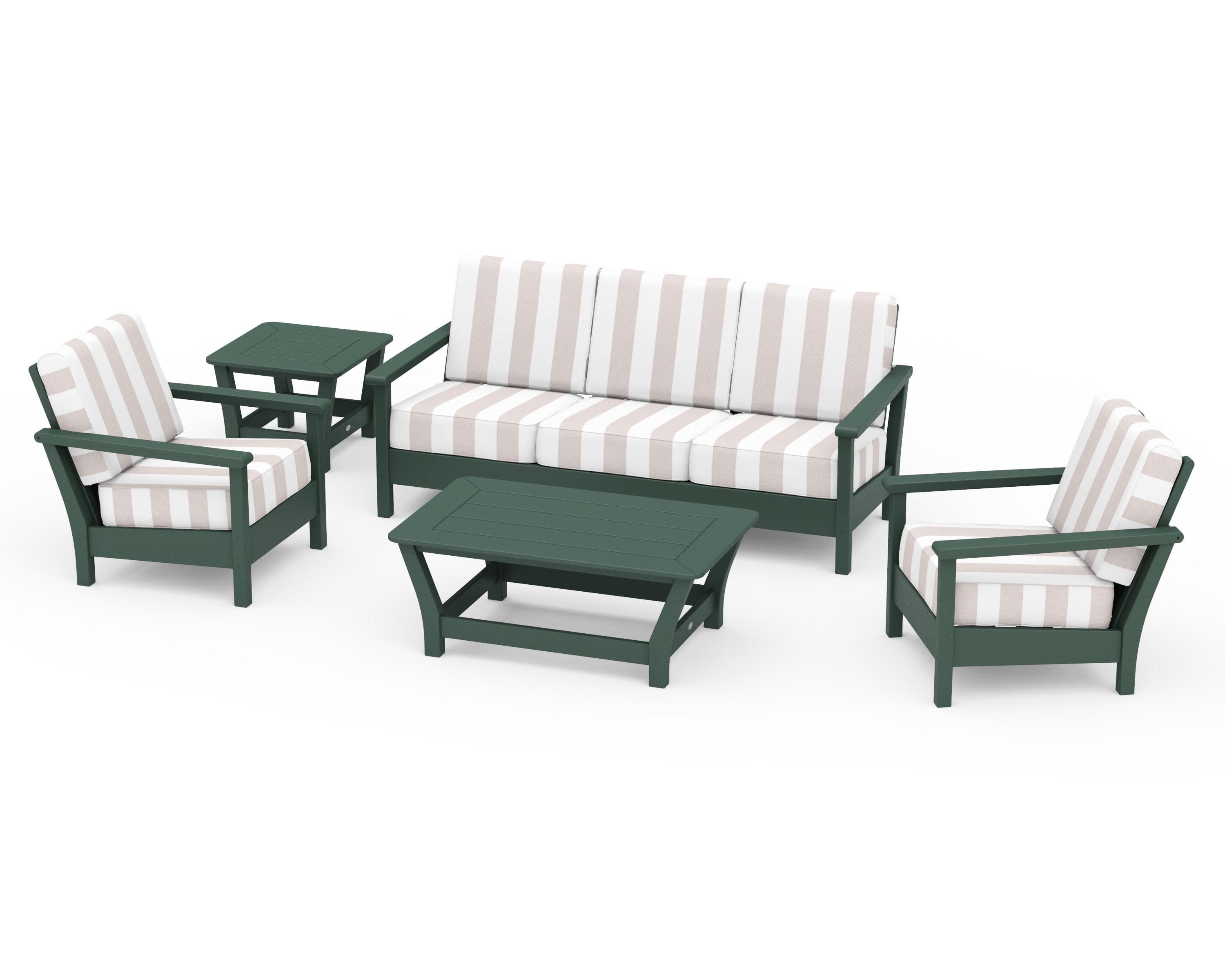 Harbour 5-Piece Deep Seating Set in Green / Cabana Stripe Dune Burlap
