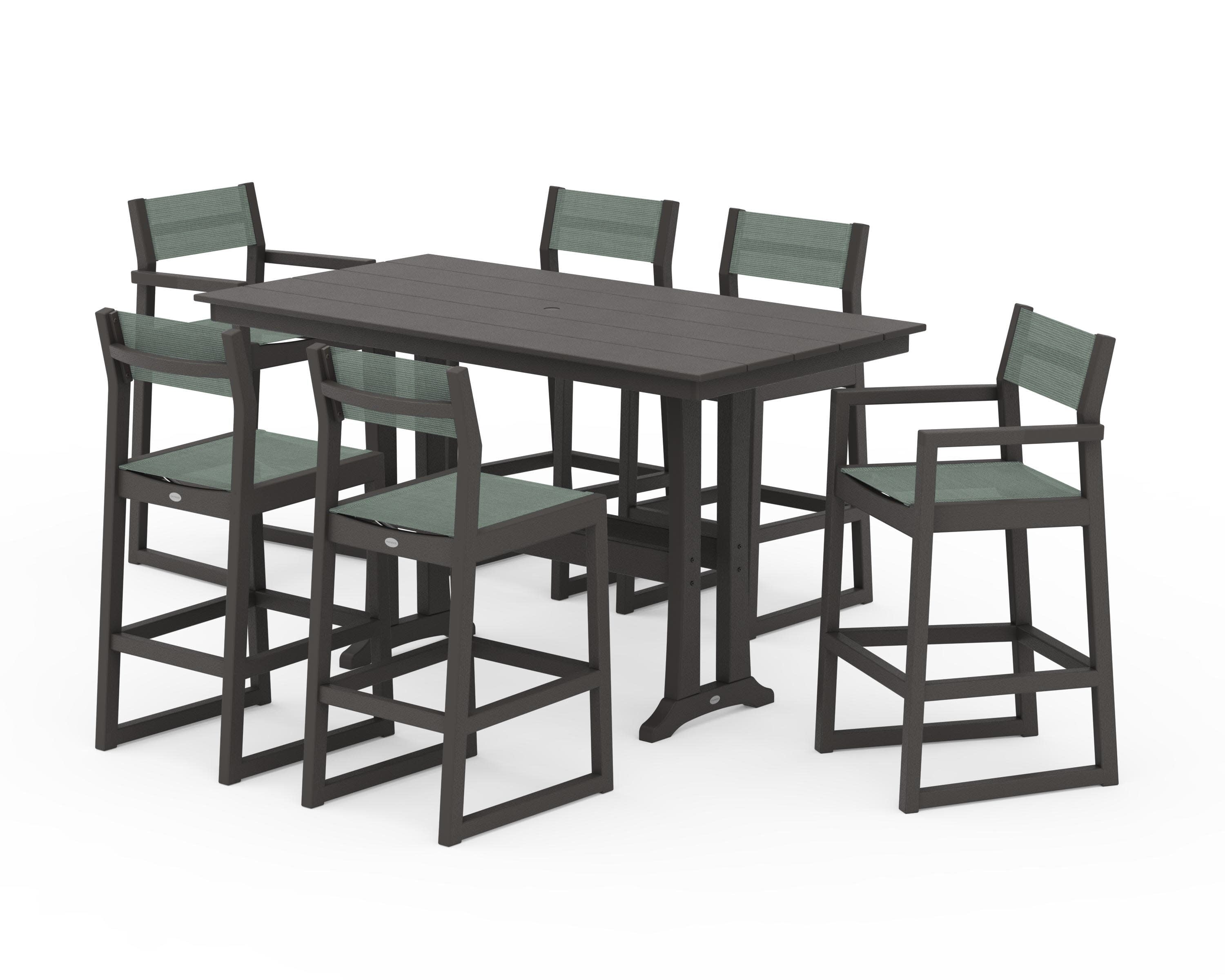 EDGE Sling 7-Piece Farmhouse Bar Set with Trestle Legs in Vintage Coffee / Dupioni Sea Mist Sling
