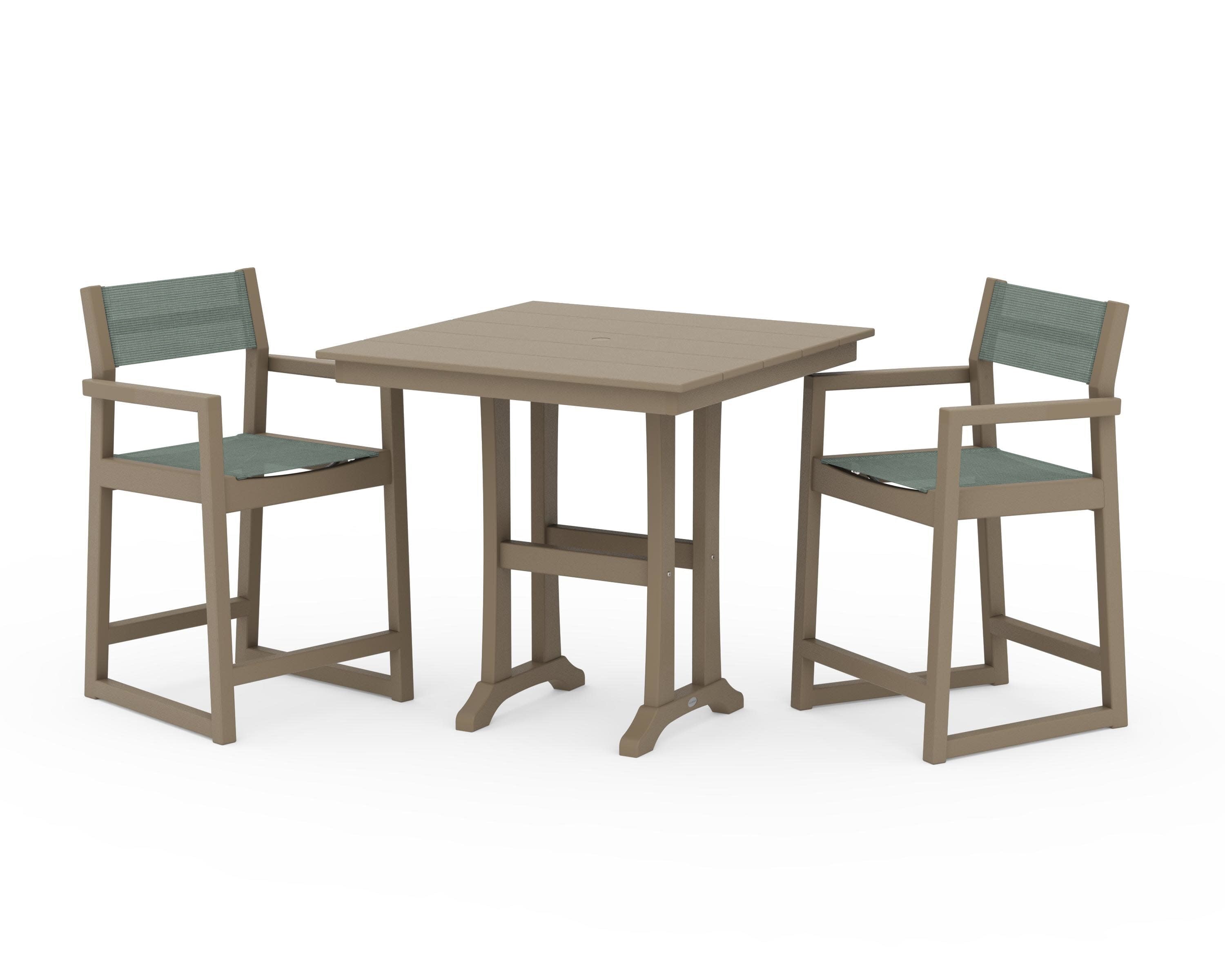 EDGE Sling Arm Chair 3-Piece Farmhouse Counter Set with Trestle Legs in Vintage Sahara / Dupioni Sea Mist Sling