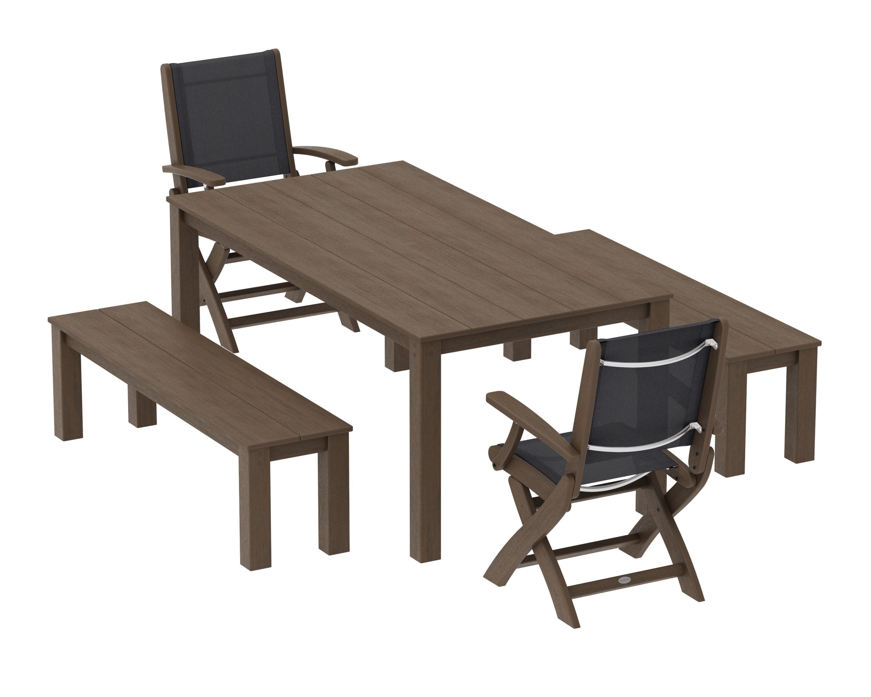 Coastal Folding Chair 5-Piece Parsons Dining Set with Benches in Kona / Black Sling