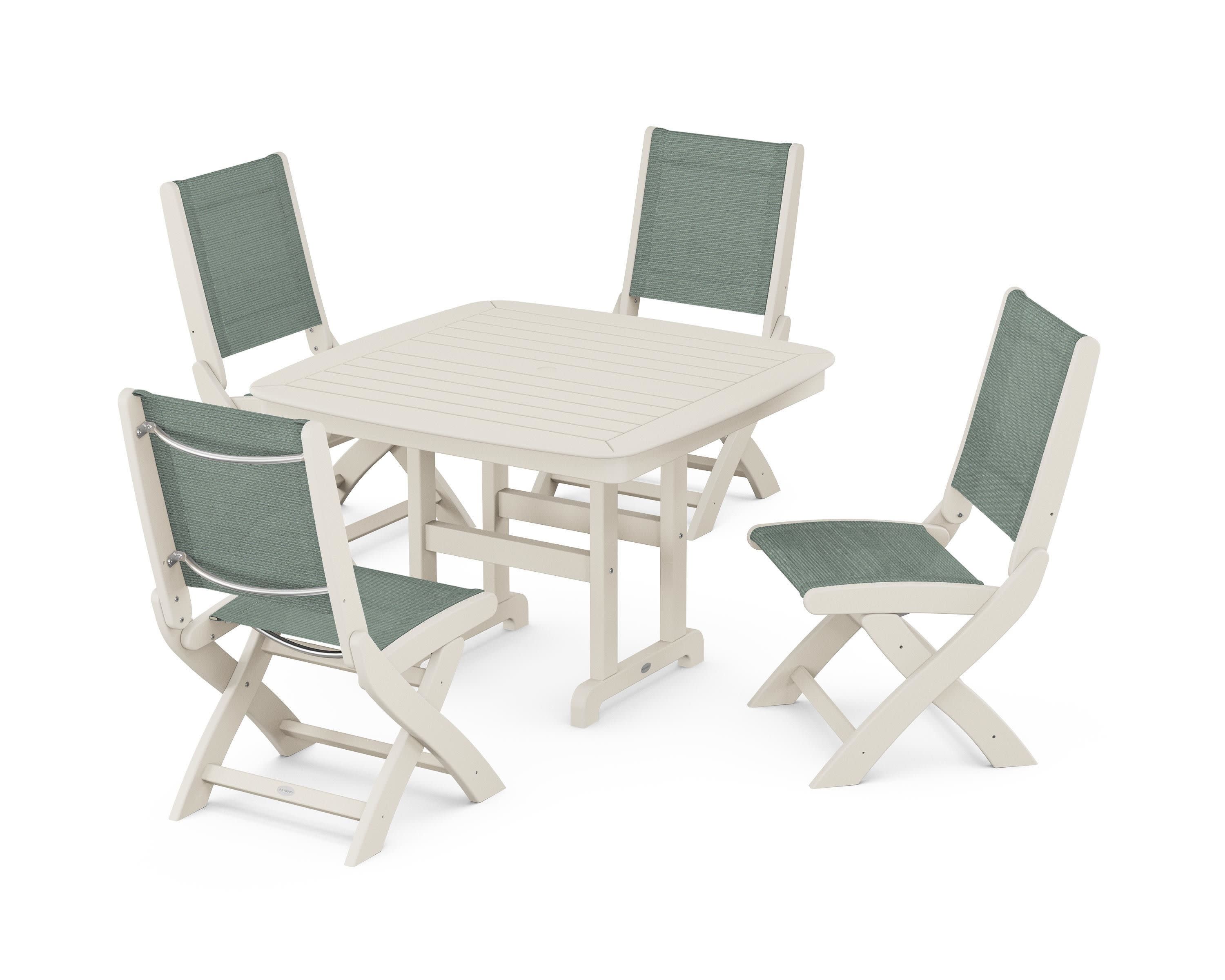 Coastal Folding Side Chair 5-Piece Dining Set in Sand / Dupioni Sea Mist Sling