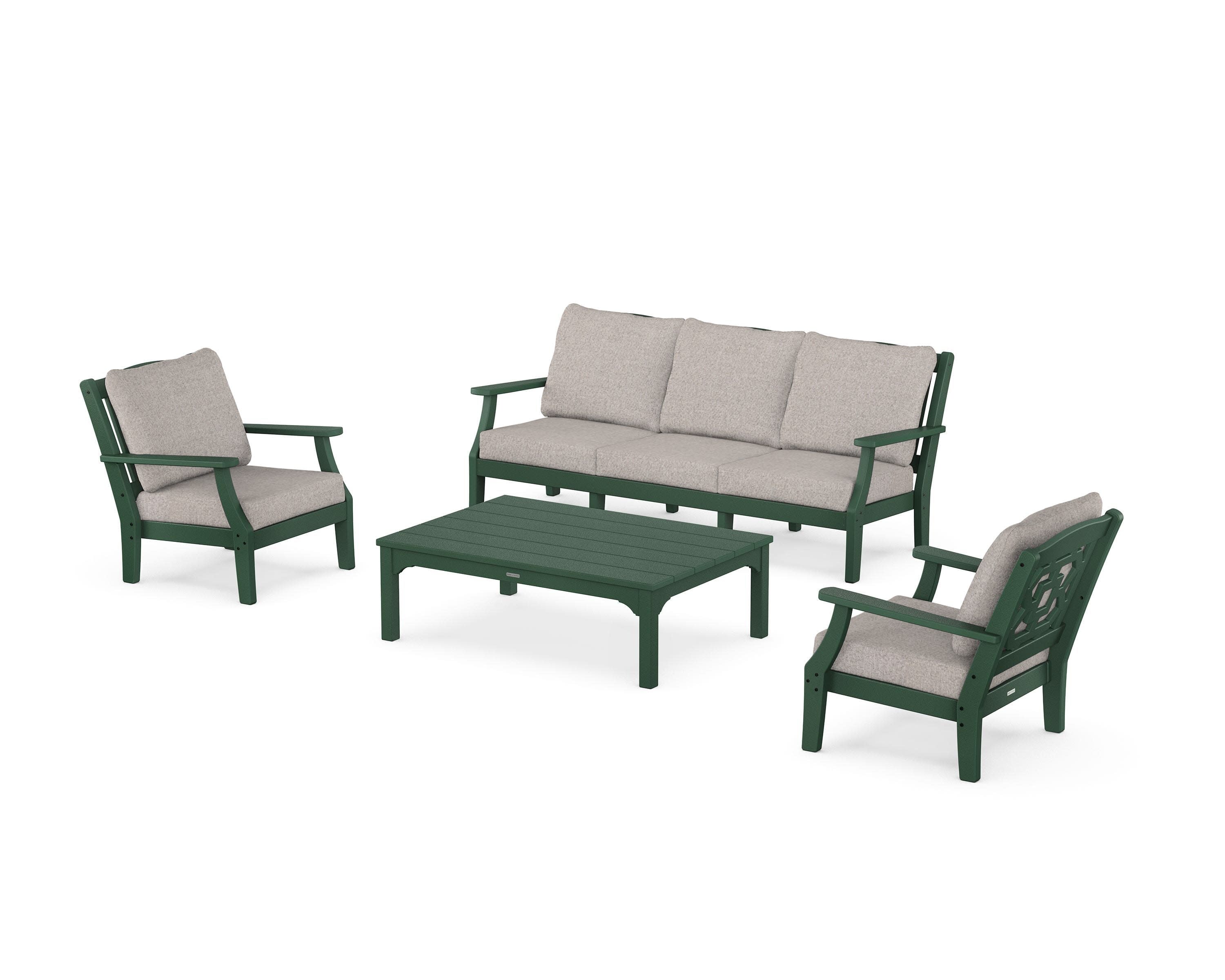 Chinoiserie 4-Piece Deep Seating Set with Sofa in Green / Weathered Tweed