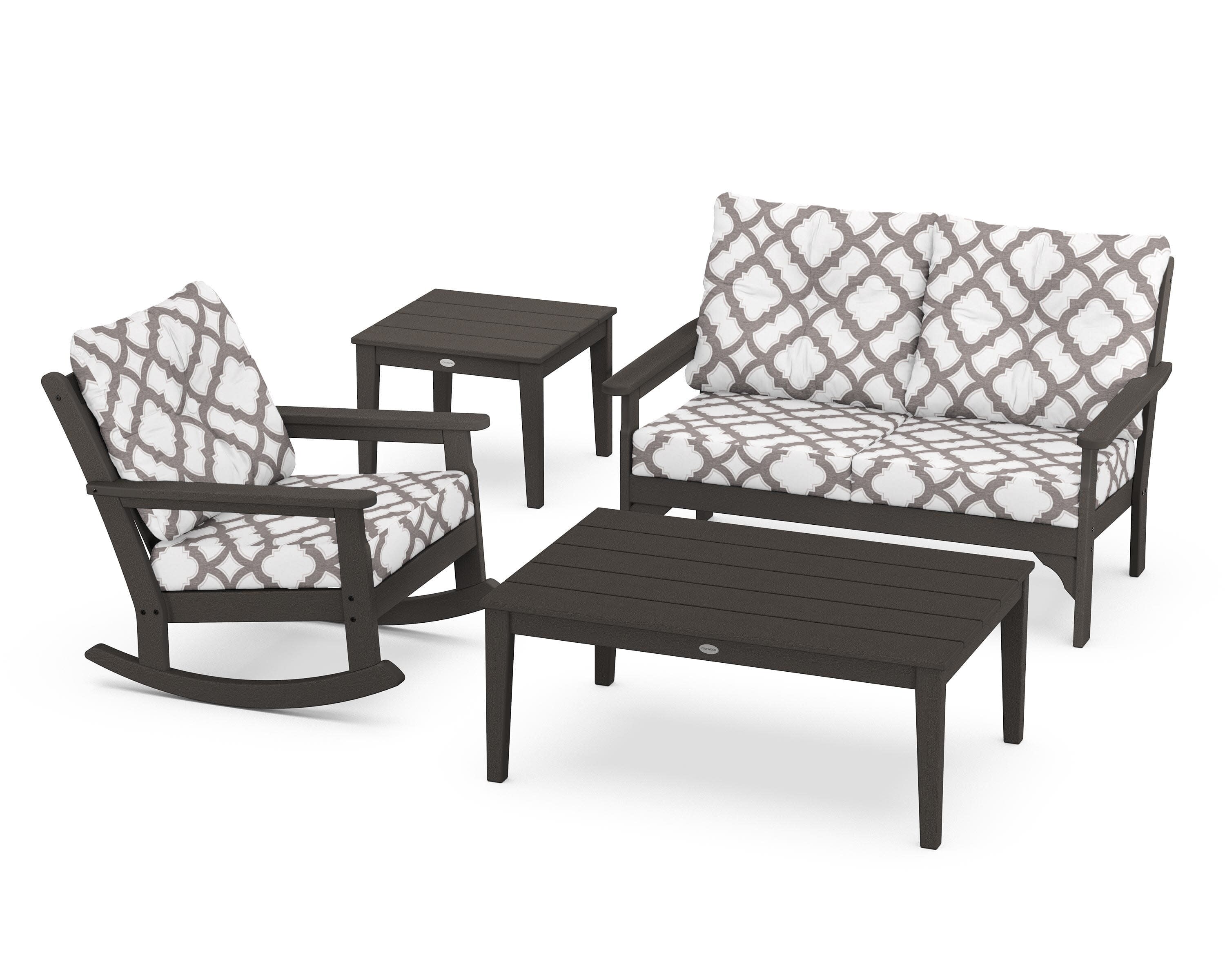 Vineyard 4-Piece Deep Seating Rocker Set in Vintage Coffee / Trellis Grey Mist