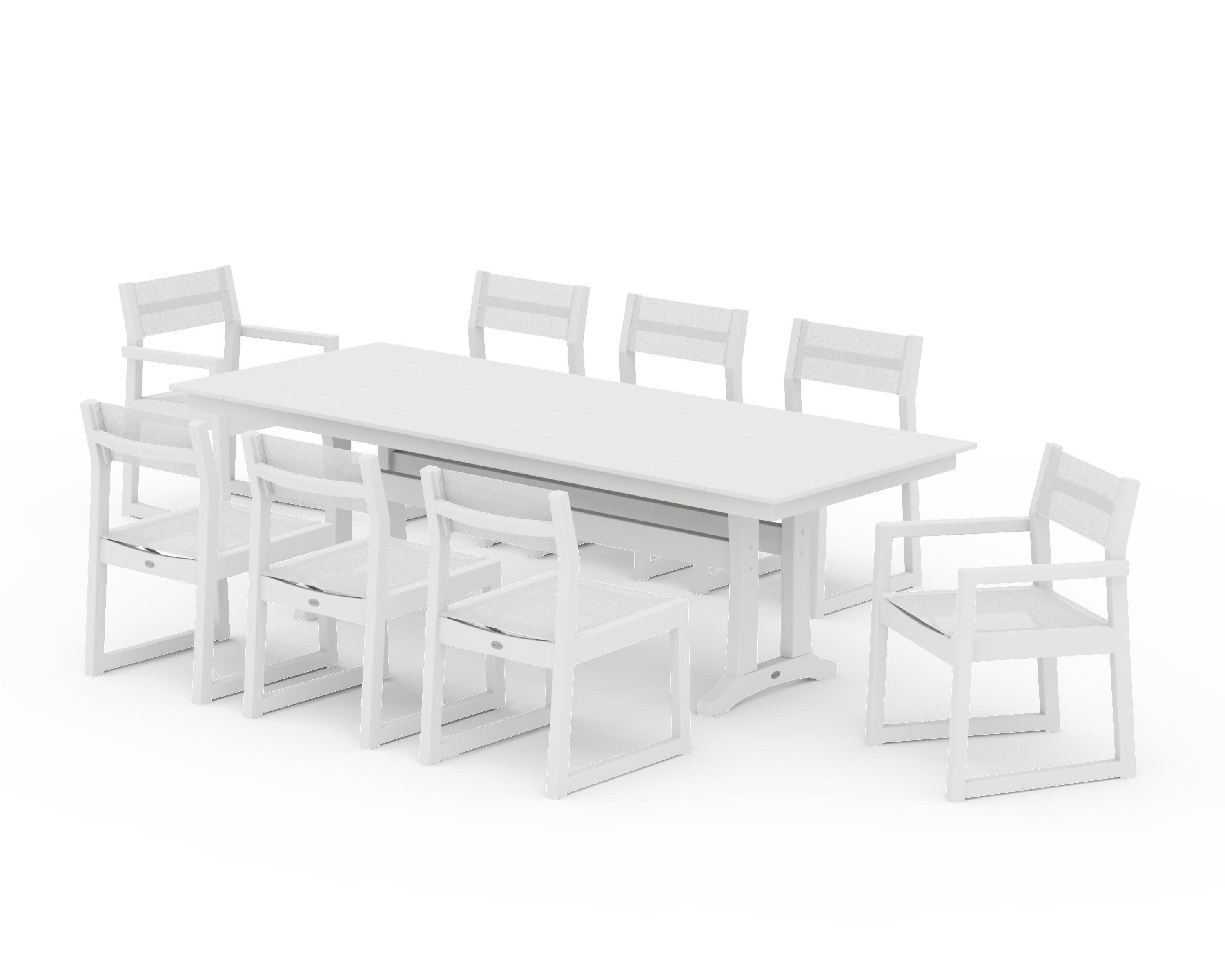EDGE Sling 9-Piece Farmhouse Trestle Dining Set in White / White Sling
