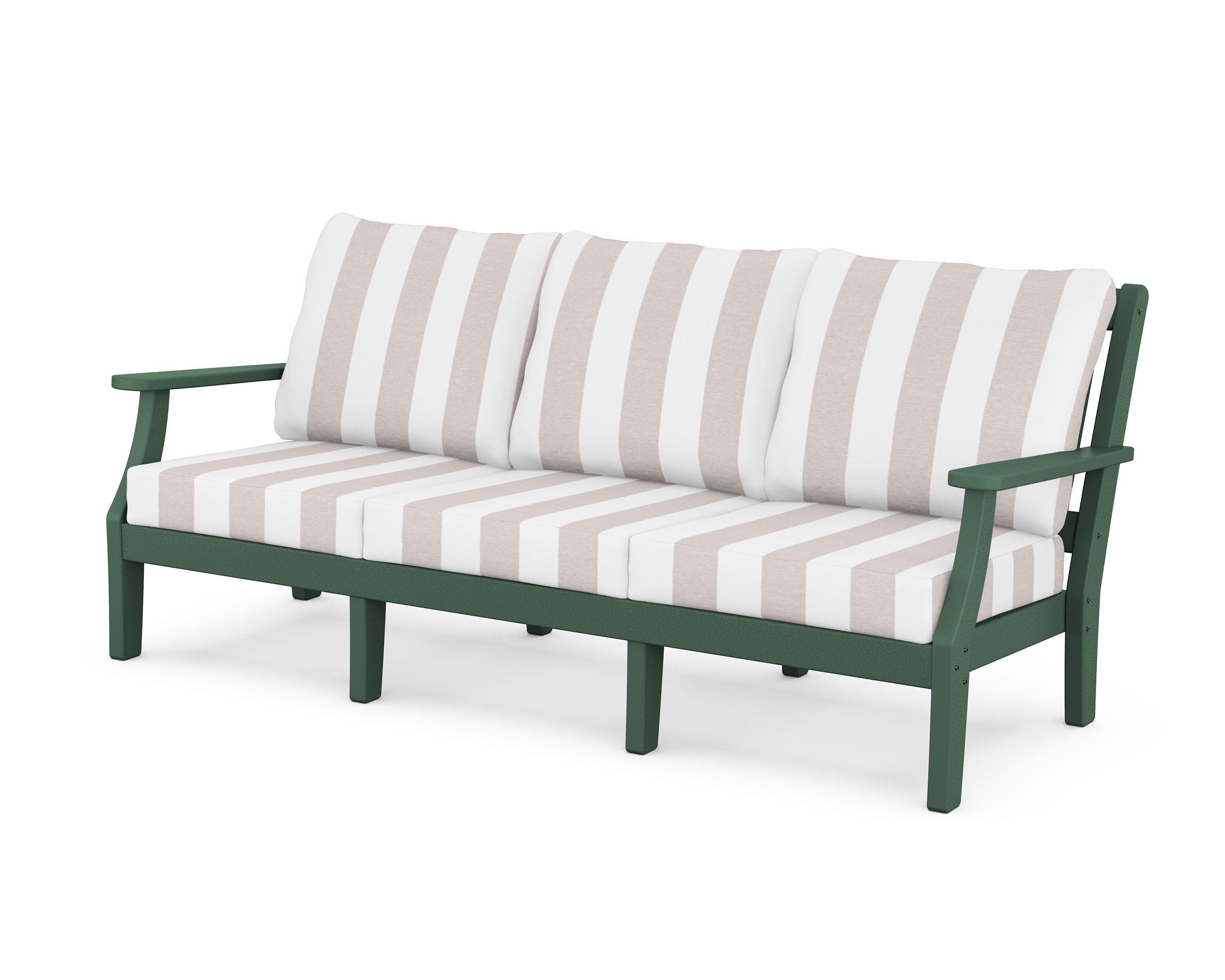 Chinoiserie Deep Seating Sofa in Green / Cabana Stripe Dune Burlap