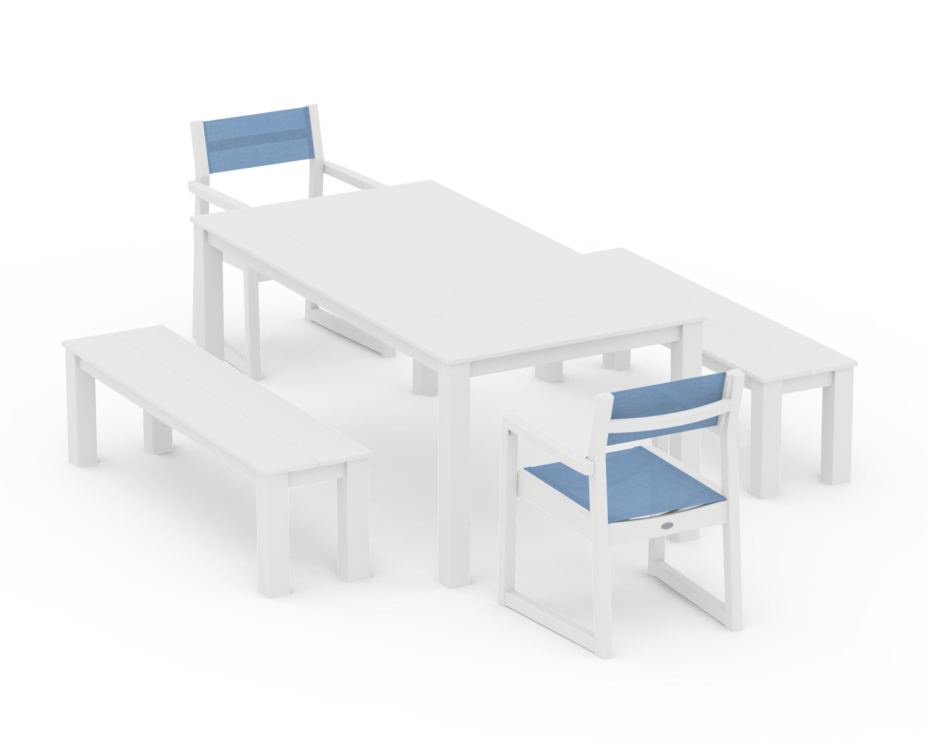 EDGE Sling Arm Chair 5-Piece Parsons Dining Set with Benches in White / Poolside Sling