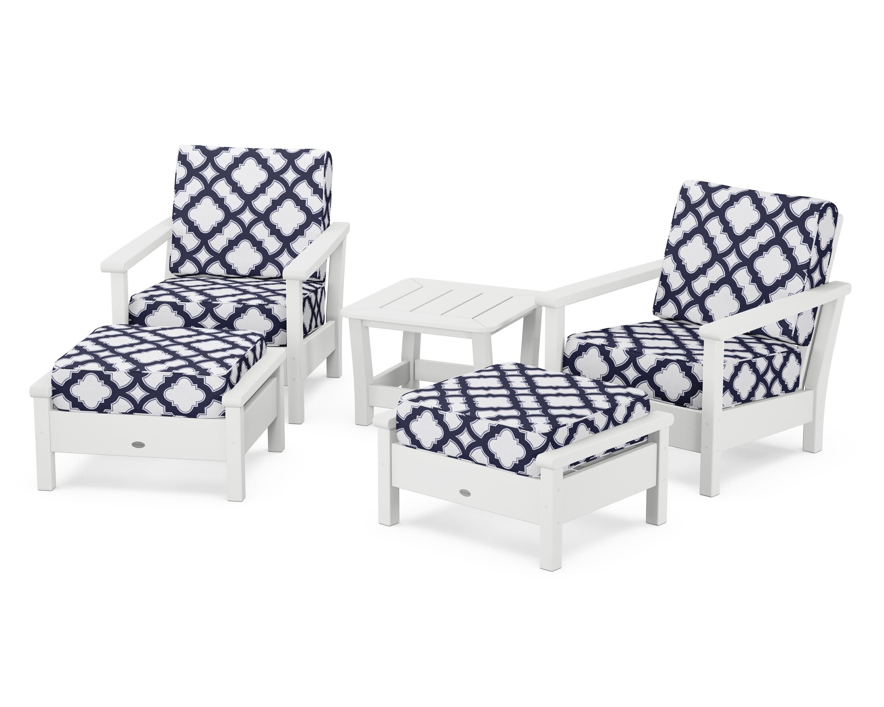 Harbour 5-Piece Deep Seating Chair Set in White / Trellis Navy