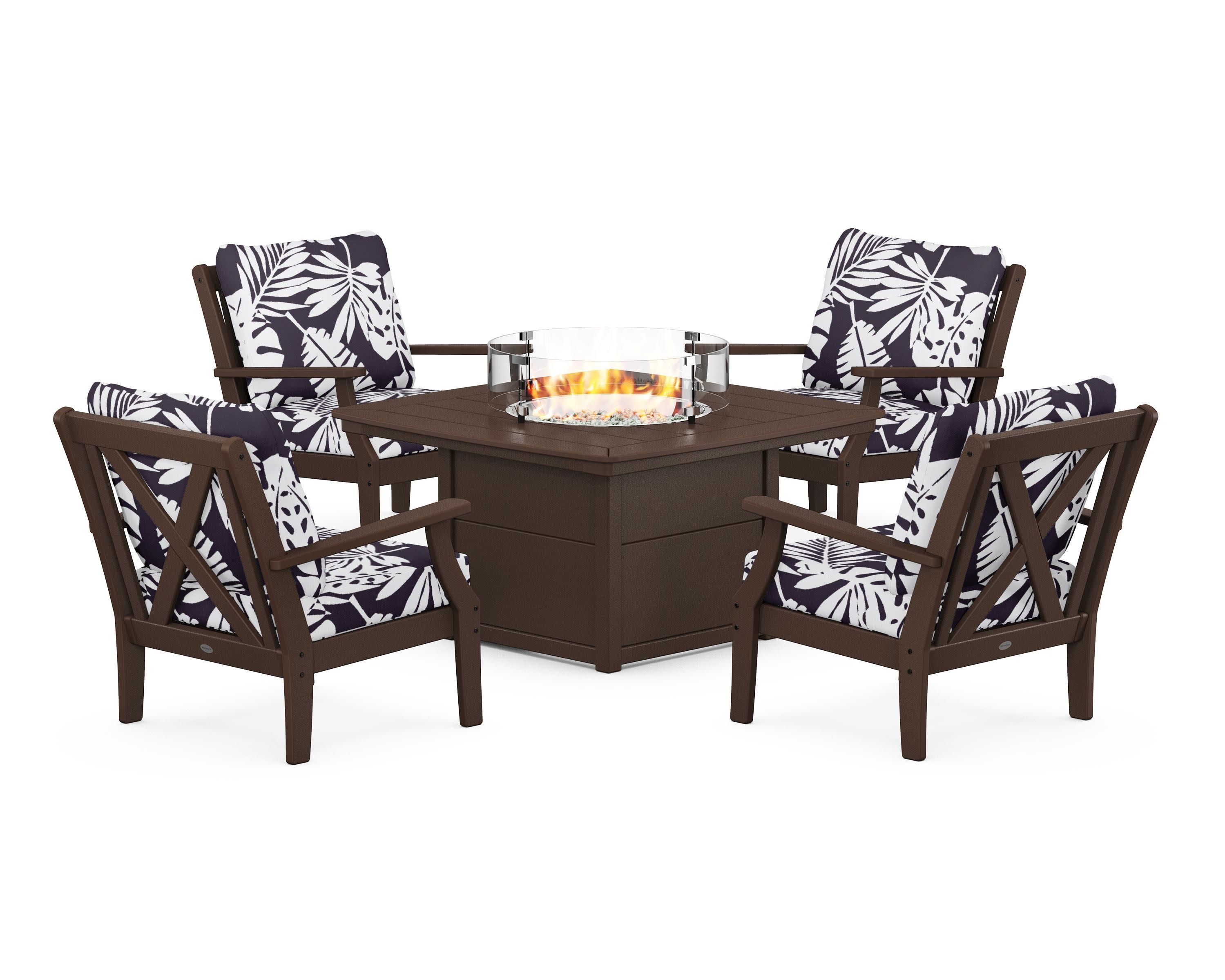 Braxton 5-Piece Deep Seating Conversation Set with Fire Pit Table in Mahogany / Leaf Navy