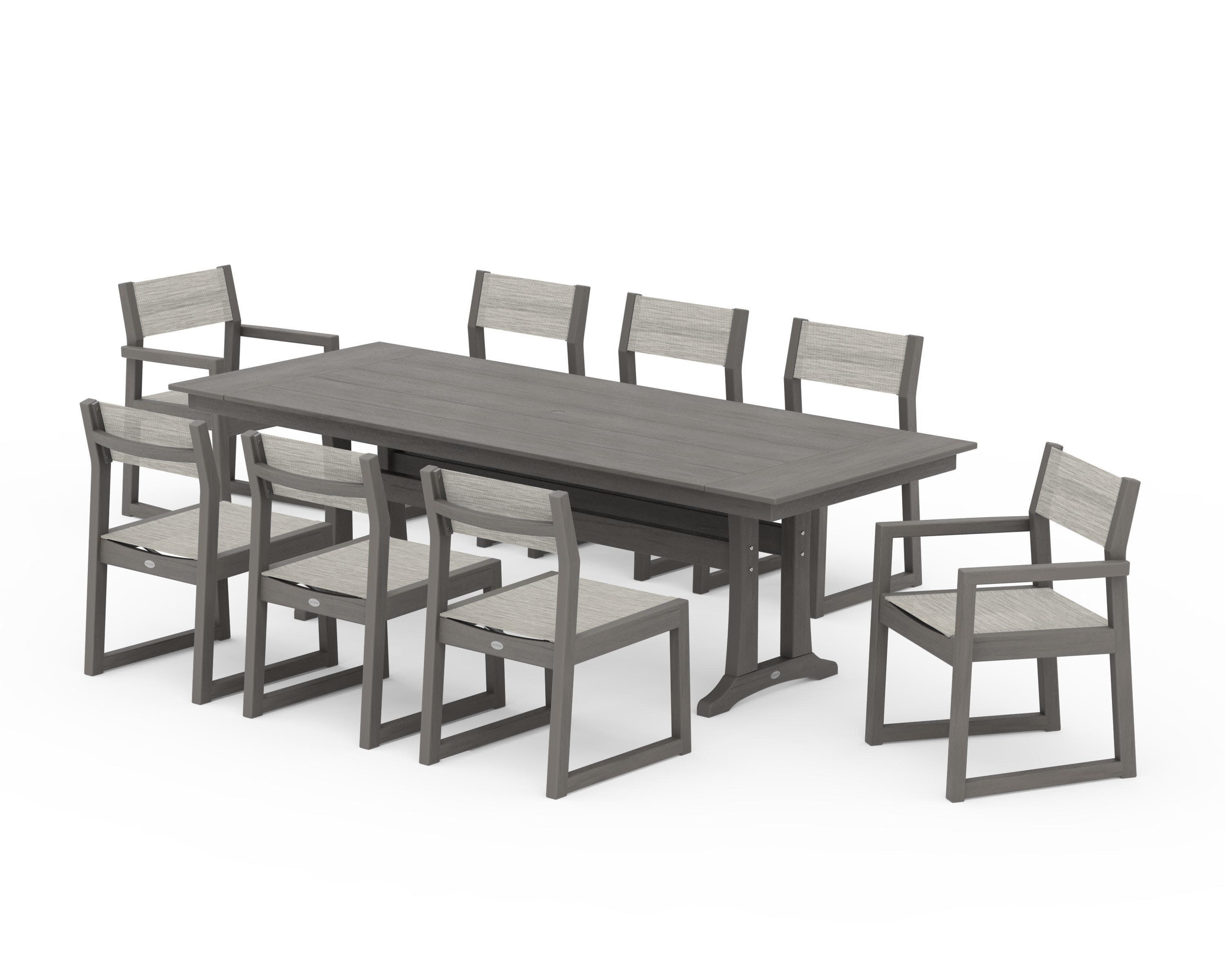 EDGE Sling 9-Piece Farmhouse Trestle Dining Set in Driftwood / Birch Sling