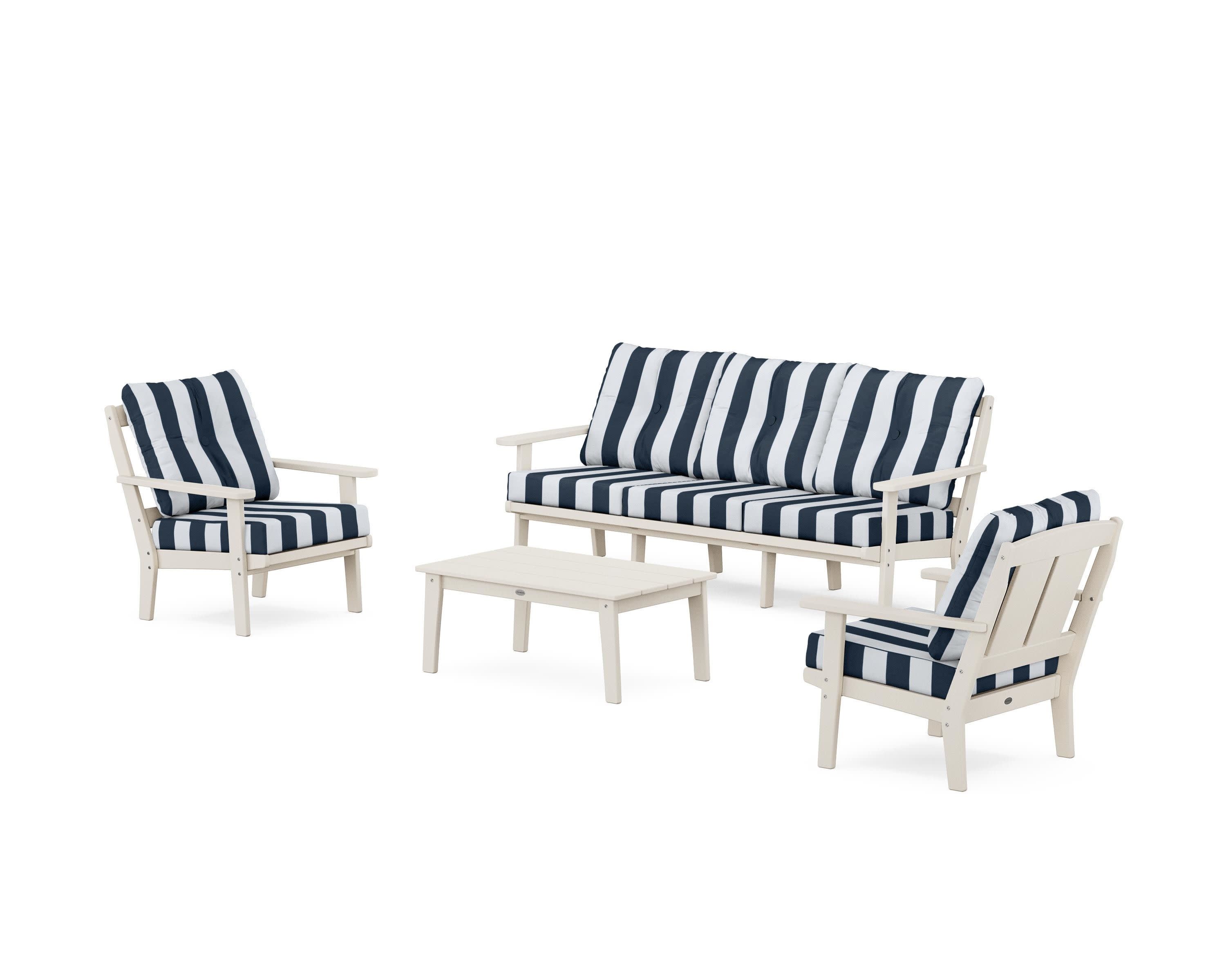 Mission 4-Piece Deep Seating Set with Sofa in Sand / Cabana Stripe Marine Indigo