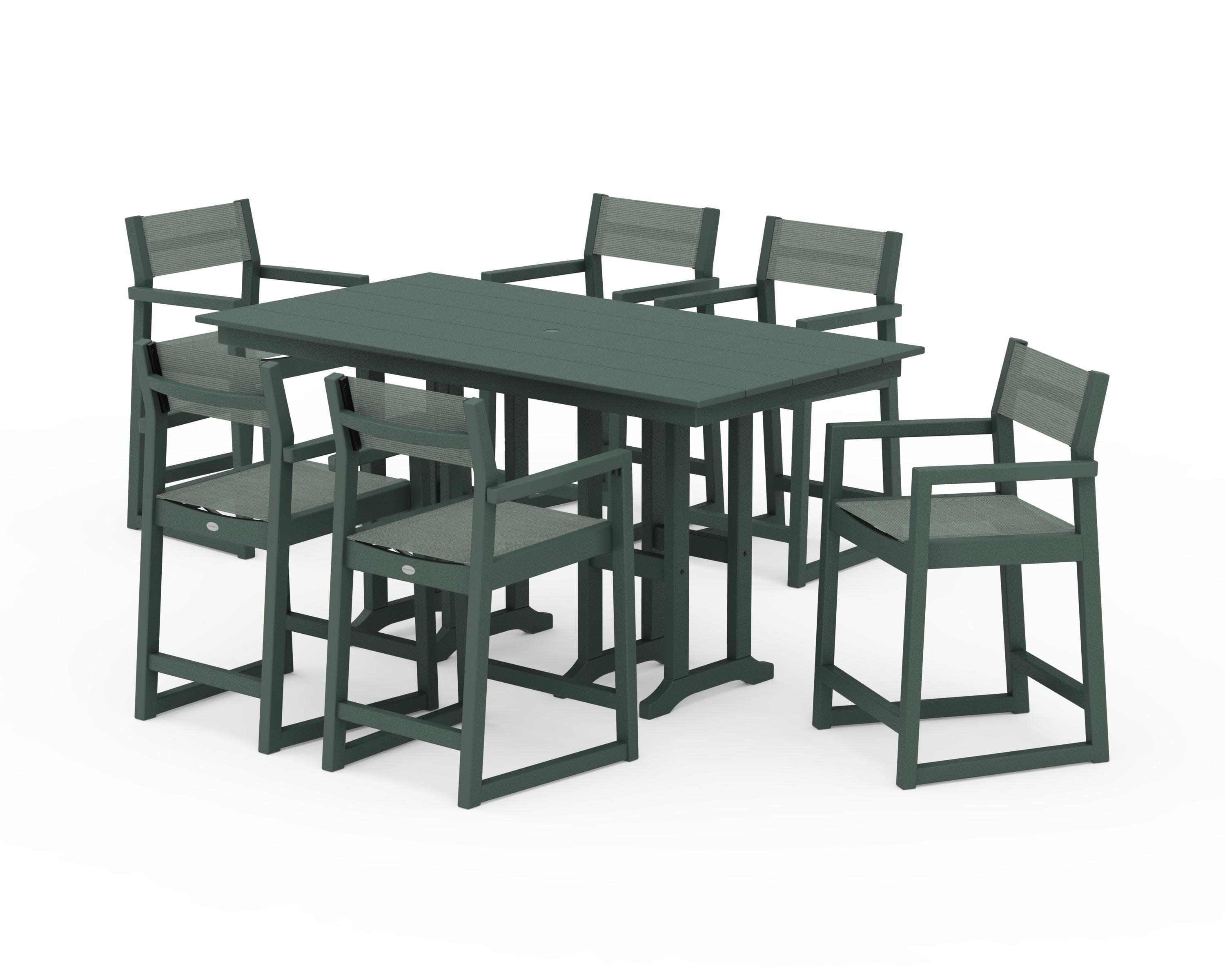 EDGE Sling Arm Chair 7-Piece Farmhouse Counter Set in Green / Dupioni Sea Mist Sling