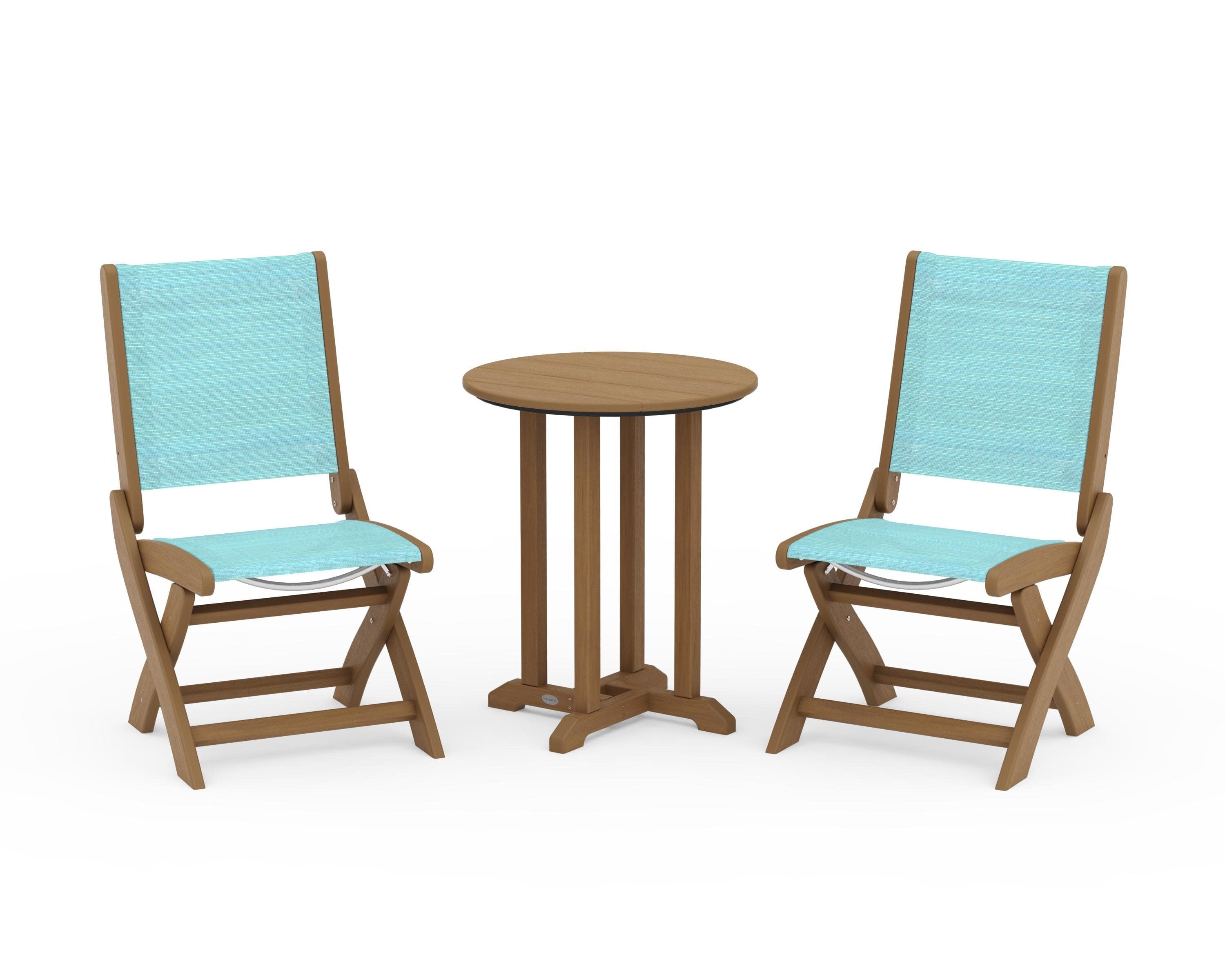 Coastal Folding Side Chair 3-Piece Round Bistro Dining Set in Natural / Dupioni Aquamarine Sling