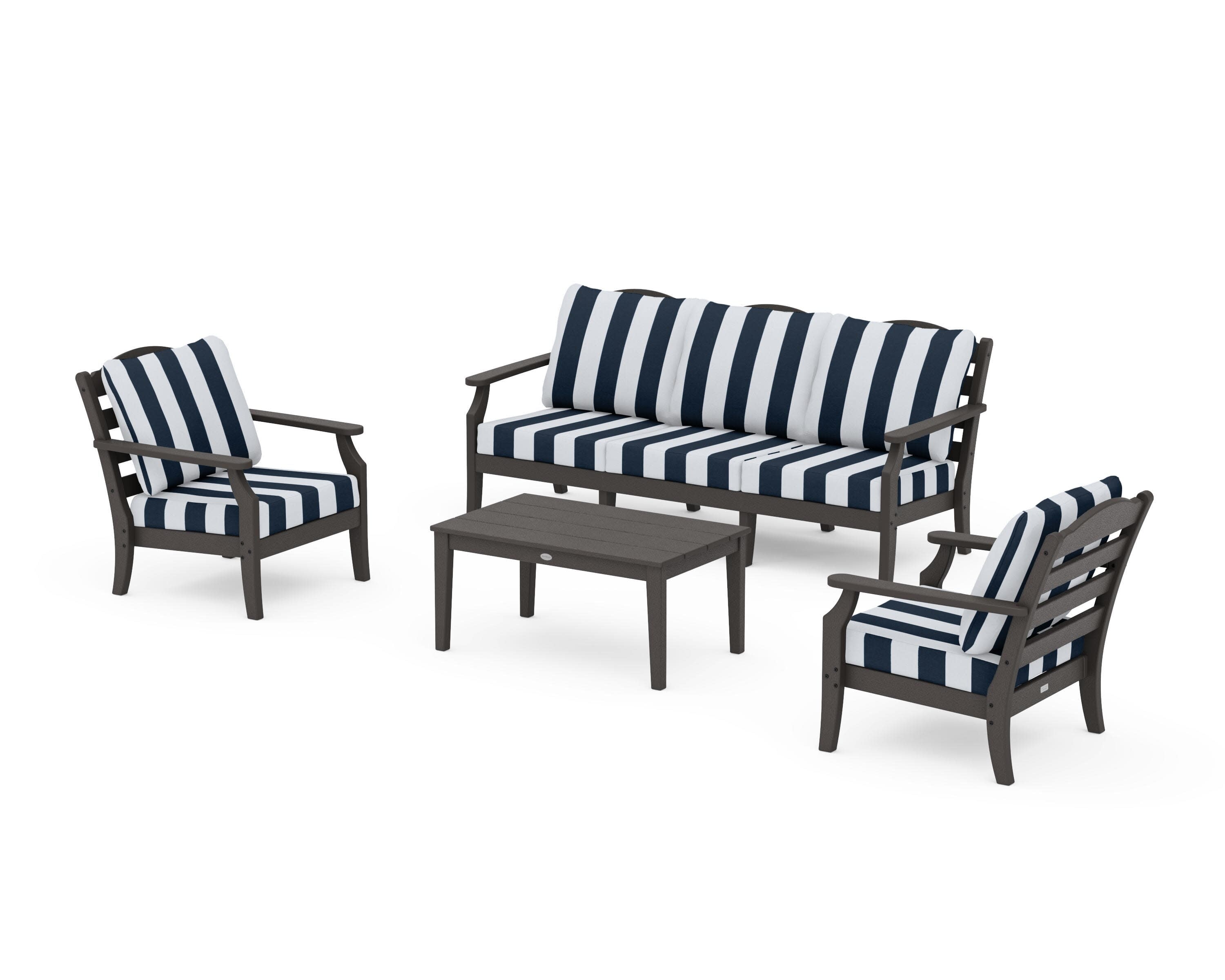 Savannah 4-Piece Deep Seating Set with Sofa in Vintage Coffee / Cabana Stripe Marine Indigo