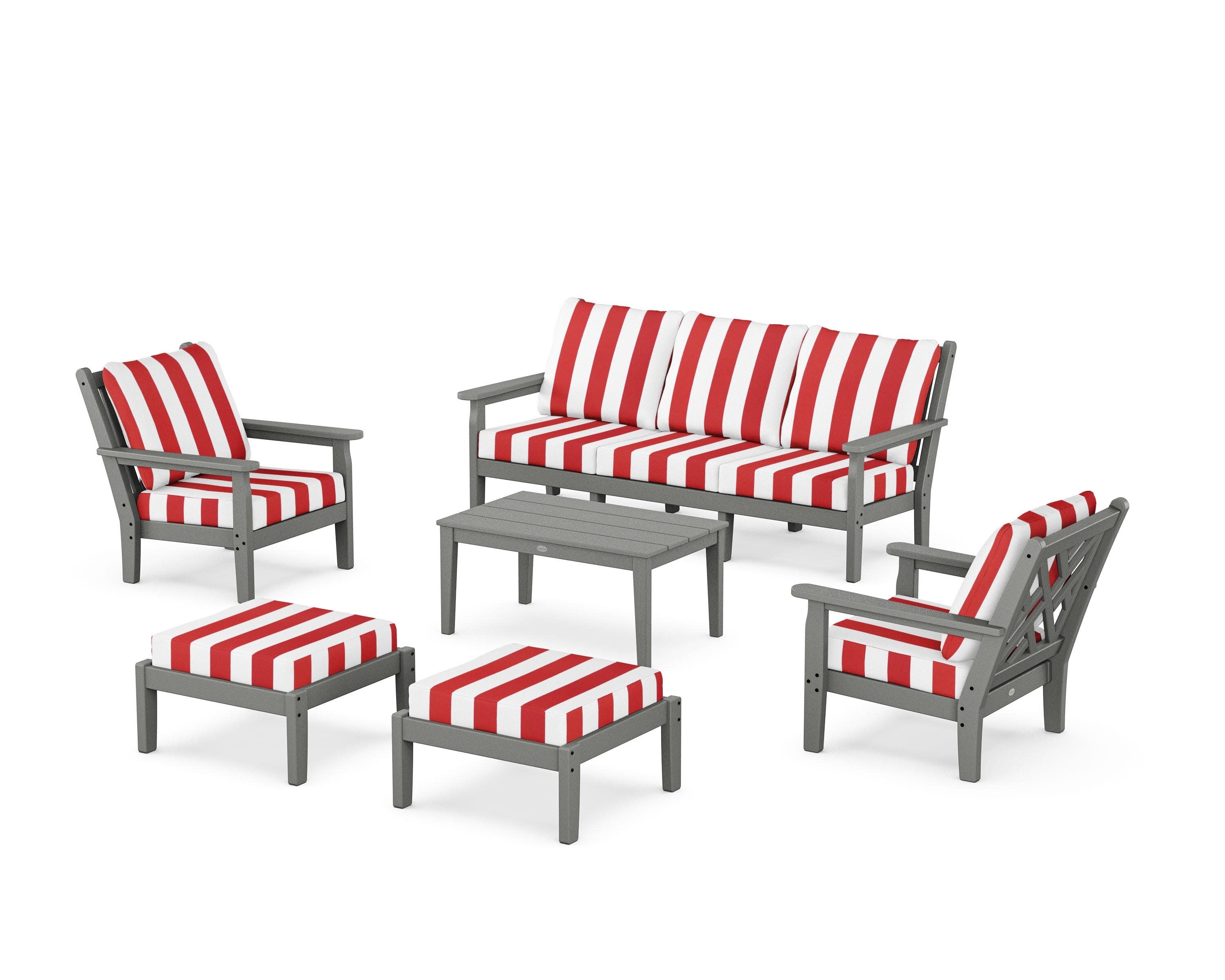 Chippendale 6-Piece Lounge Sofa Set in Slate Grey / Cabana Stripe Crimson