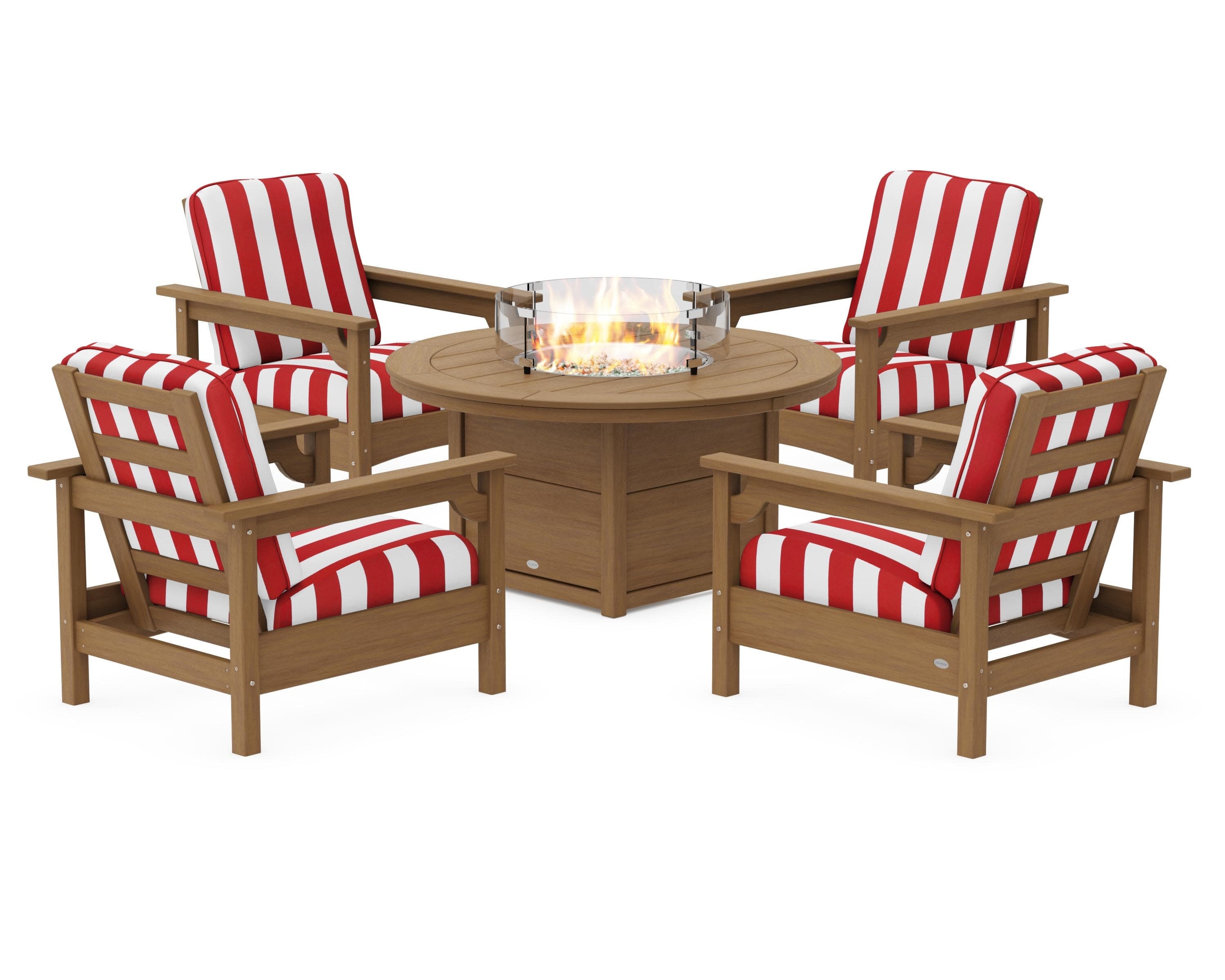 Club 5-Piece Conversation Set with Fire Pit Table in Natural / Cabana Stripe Crimson