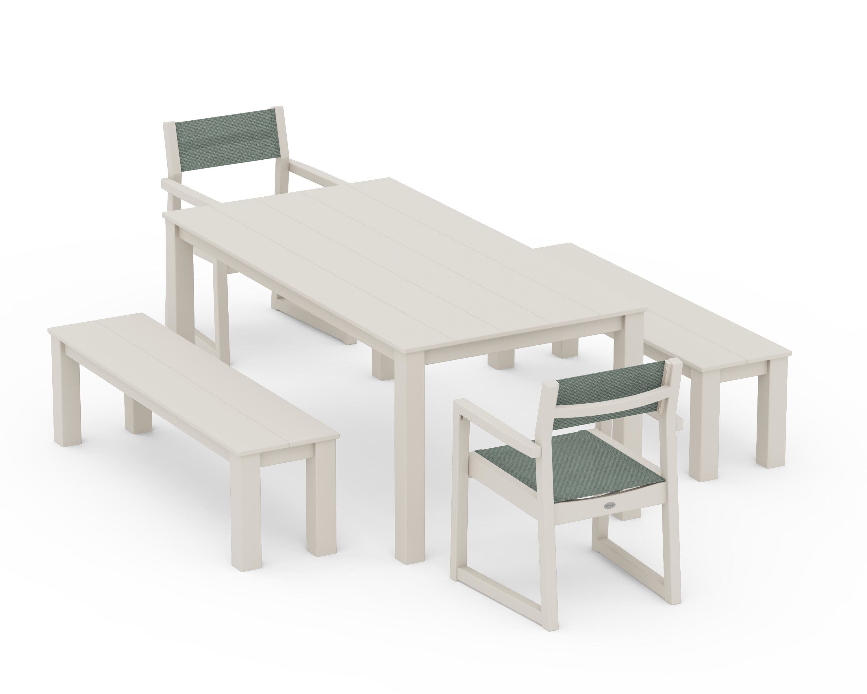 EDGE Sling Arm Chair 5-Piece Parsons Dining Set with Benches in Sand / Dupioni Sea Mist Sling