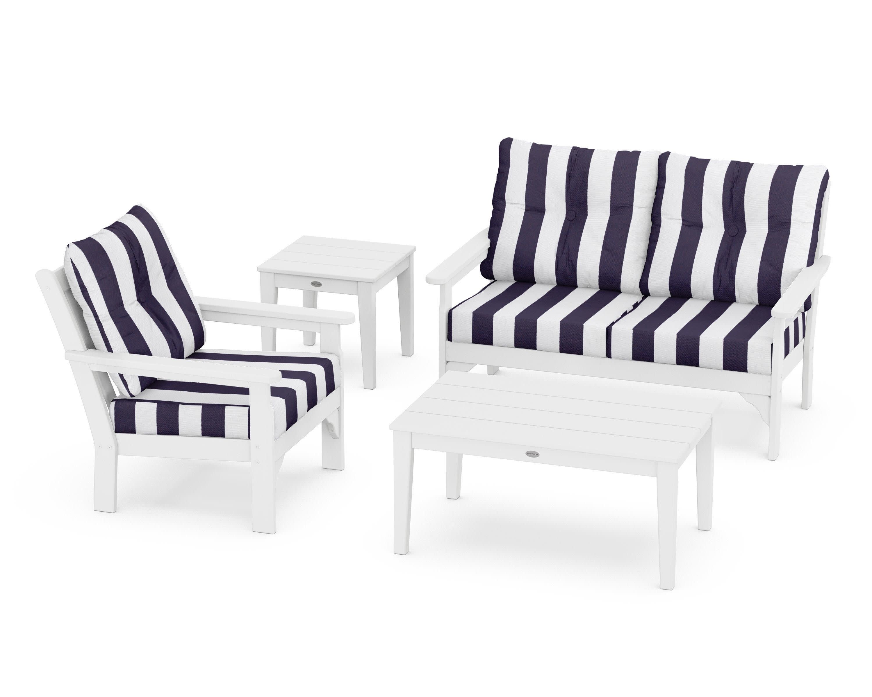 Vineyard 4-Piece Deep Seating Set in White / Cabana Stripe Navy