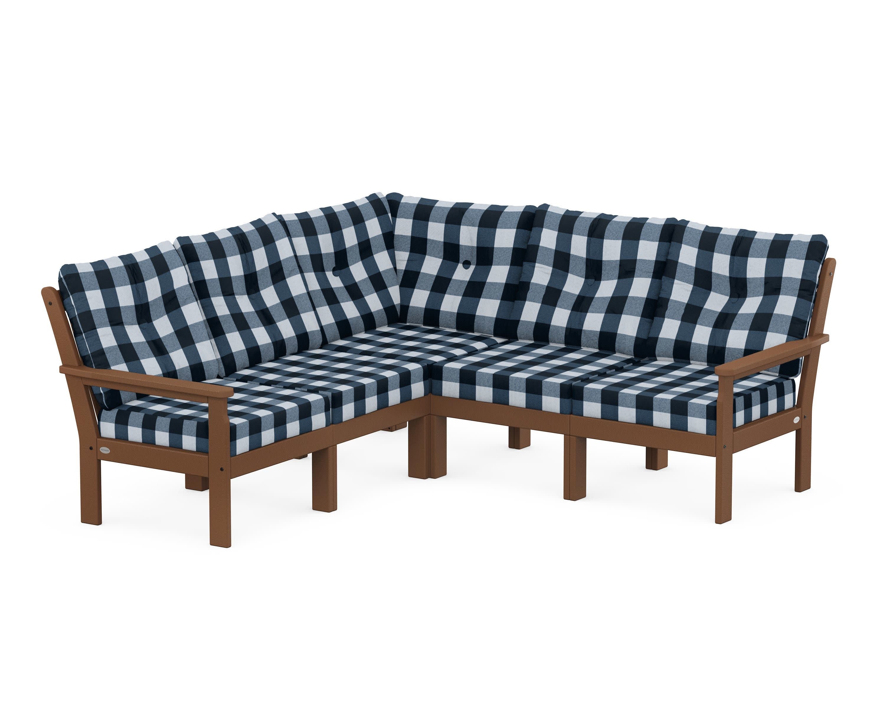 Vineyard 5-Piece Sectional in Teak / Buffalo Plaid Marine Indigo