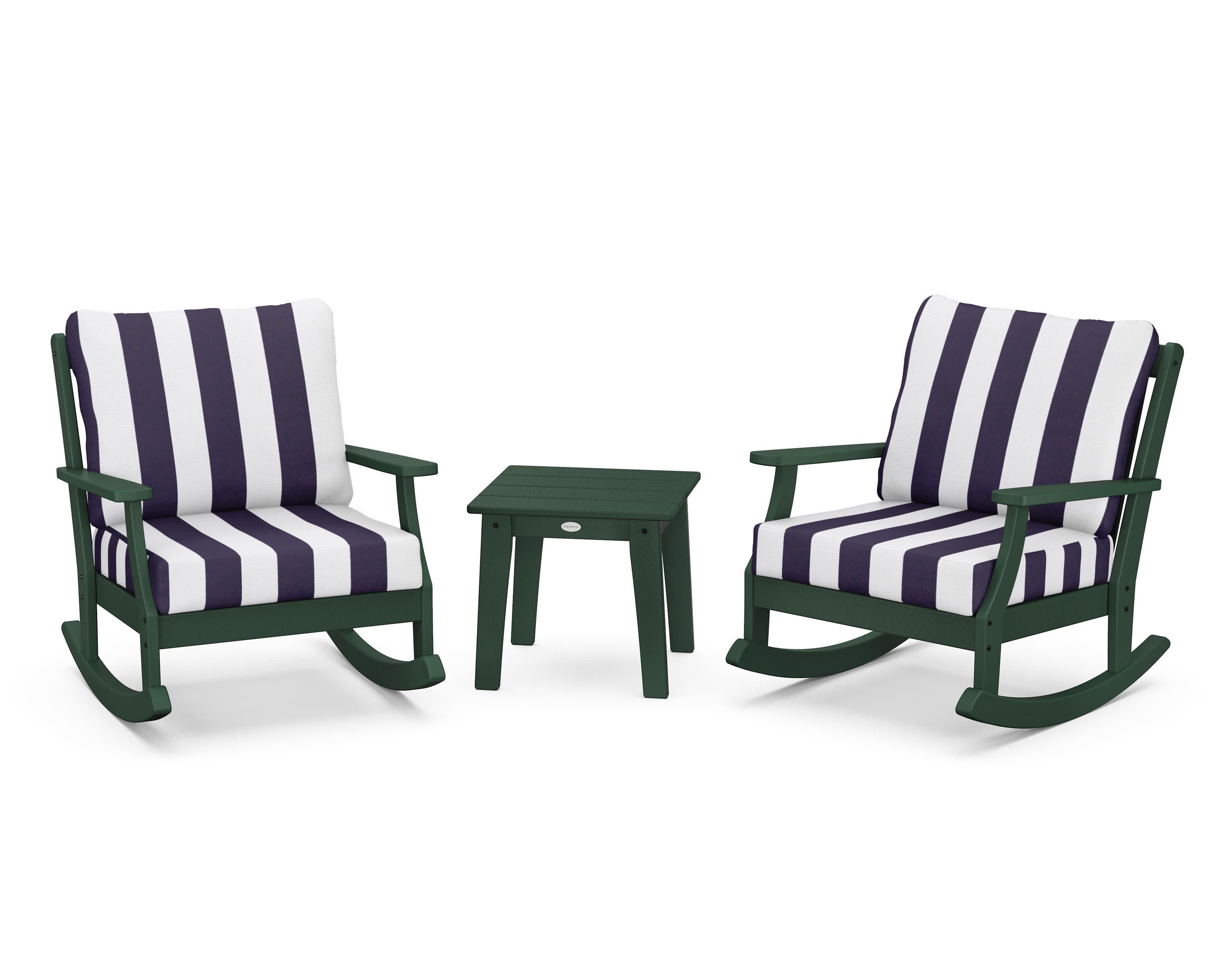 Braxton 3-Piece Deep Seating Rocker Set in Green / Cabana Stripe Navy