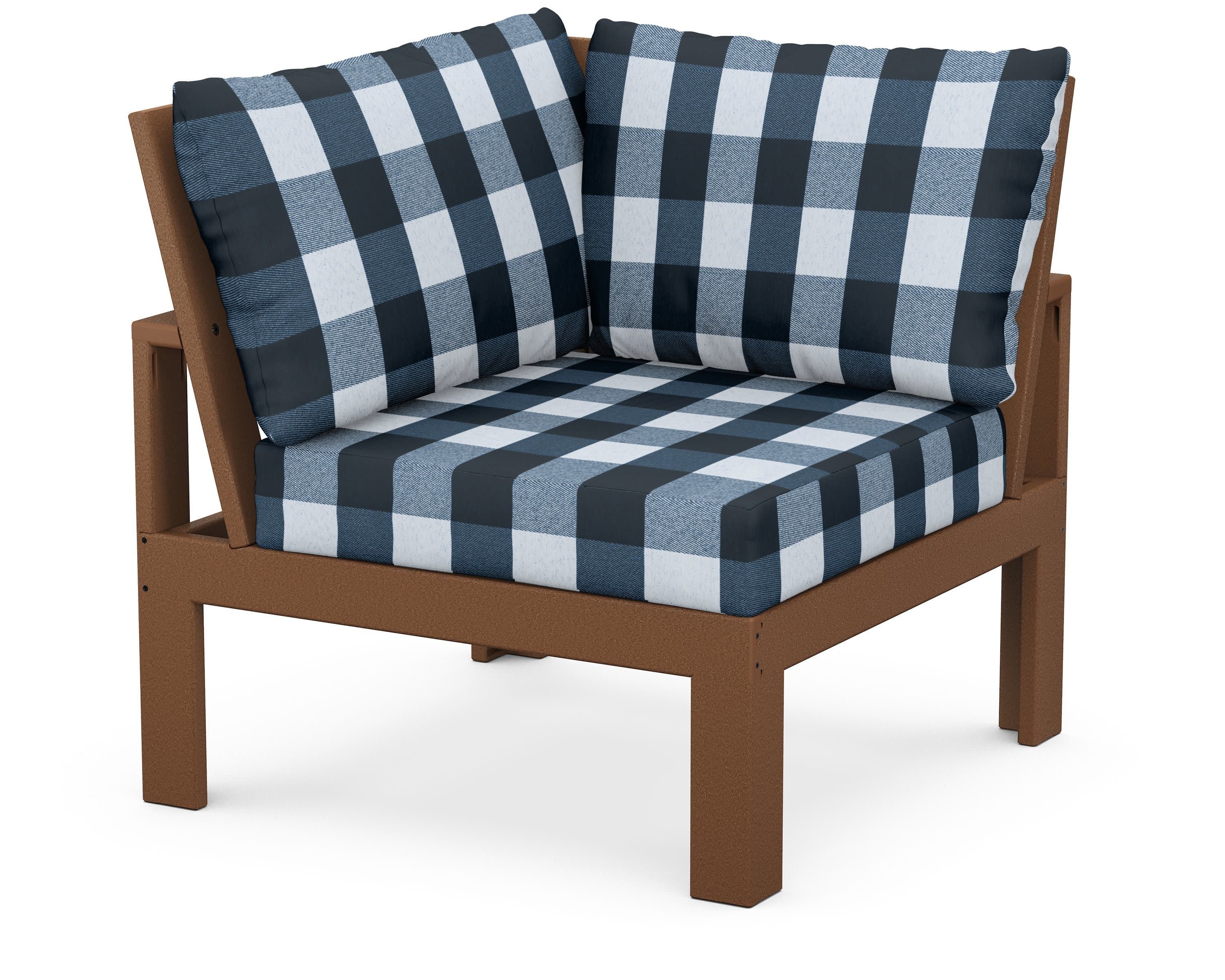 Modular Corner Chair in Teak / Buffalo Plaid Marine Indigo