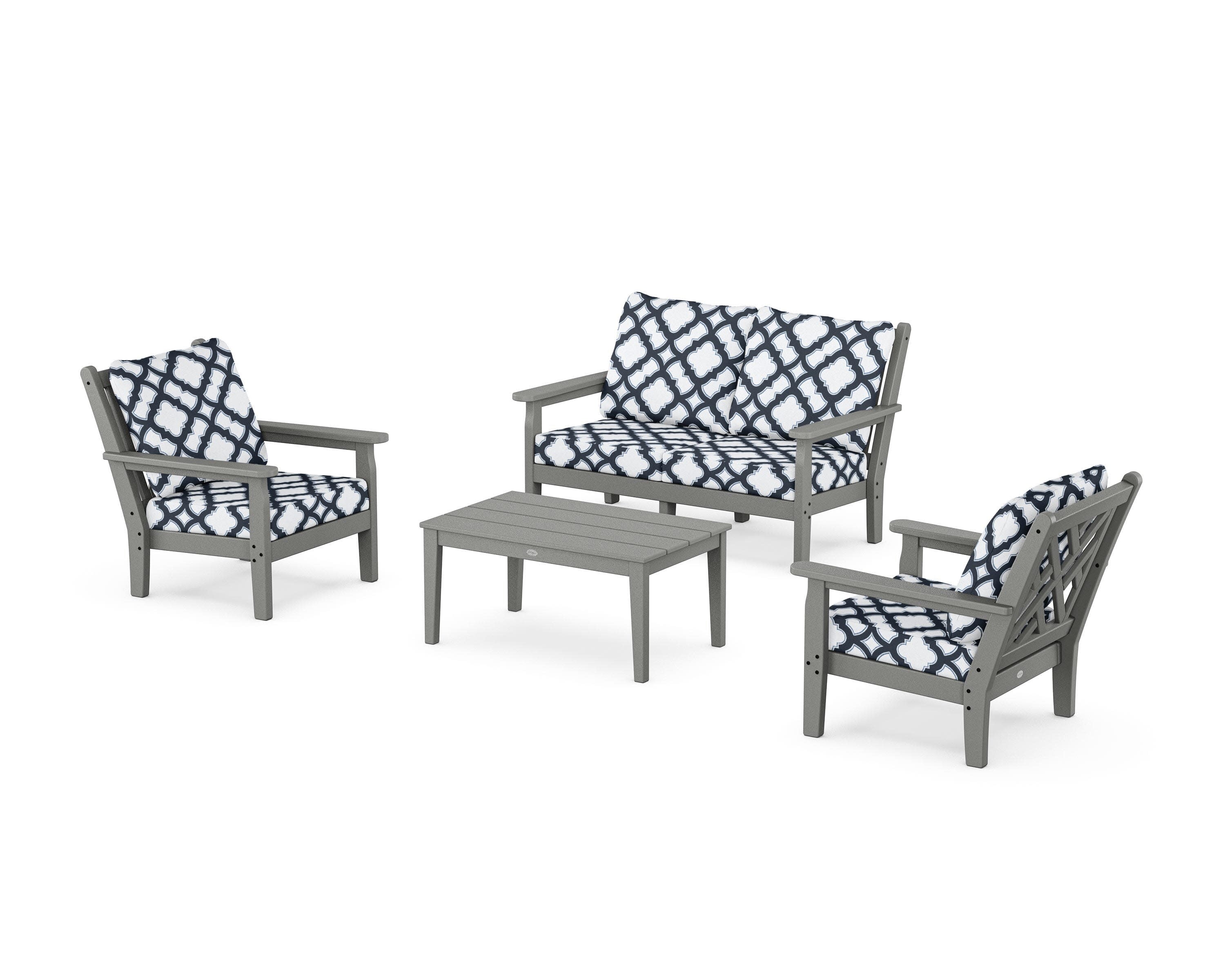 Chippendale 4-Piece Deep Seating Set with Loveseat in Slate Grey / Trellis Marine Indigo
