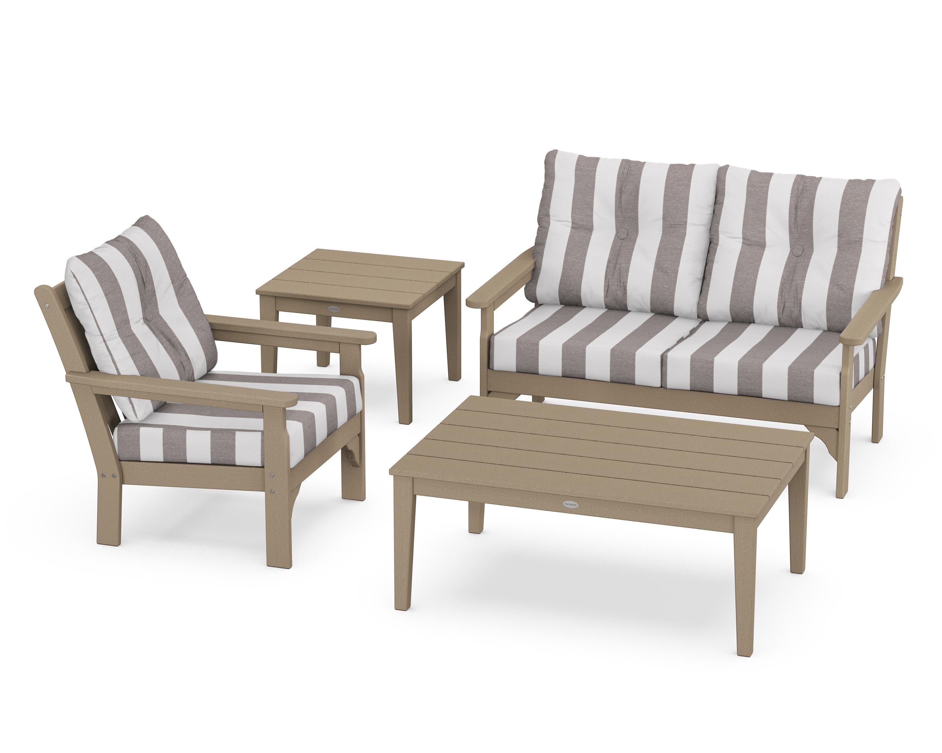 Vineyard 4-Piece Deep Seating Set in Vintage Sahara / Cabana Stripe Grey Mist